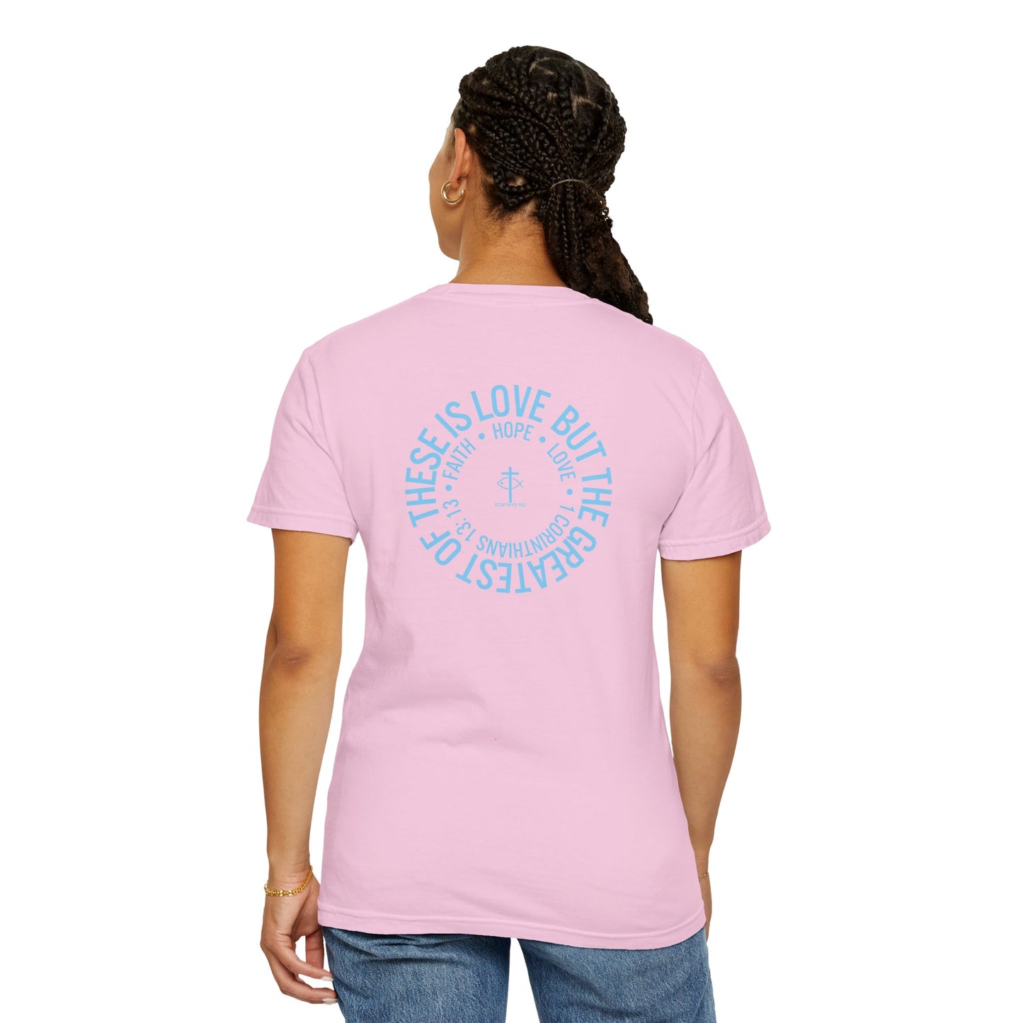 ICHTHYS 911 - Blue Font "Faith, Hope, & Love" - Unisex T-Shirt - Men T-Shirt - Christian Women Tee - Faith-Inspired Shirt - Christian Fashion - Wear Your Faith