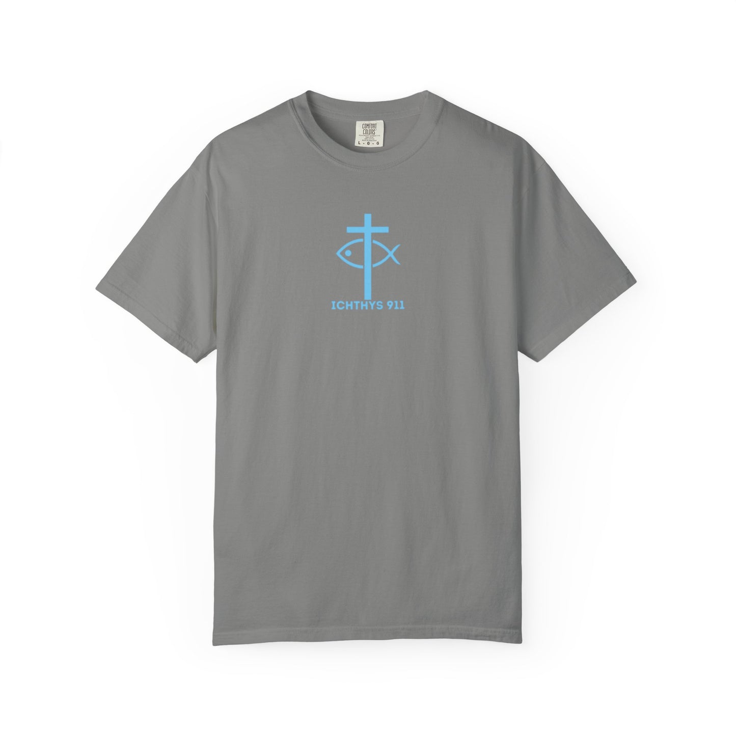 ICHTHYS 911 - "Jesus Christ Son of God Savior" Blue Font - Additional Colors - Christian Streetwear T-Shirt – Jesus Gym & Faith Fashion, Unisex Garment-Dyed T-Shirt Blue Font