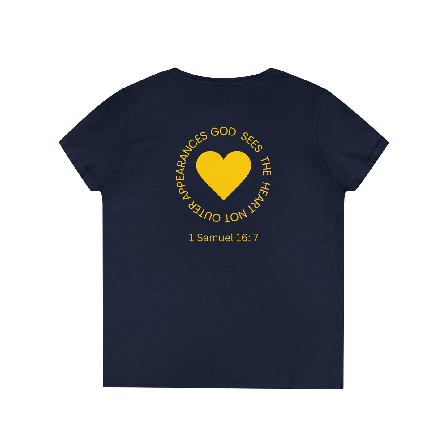 God Sees The Heart Gold Font Women’s Faith-Inspired V-Neck T-Shirt - ICHTHYS 911 Design911 Design