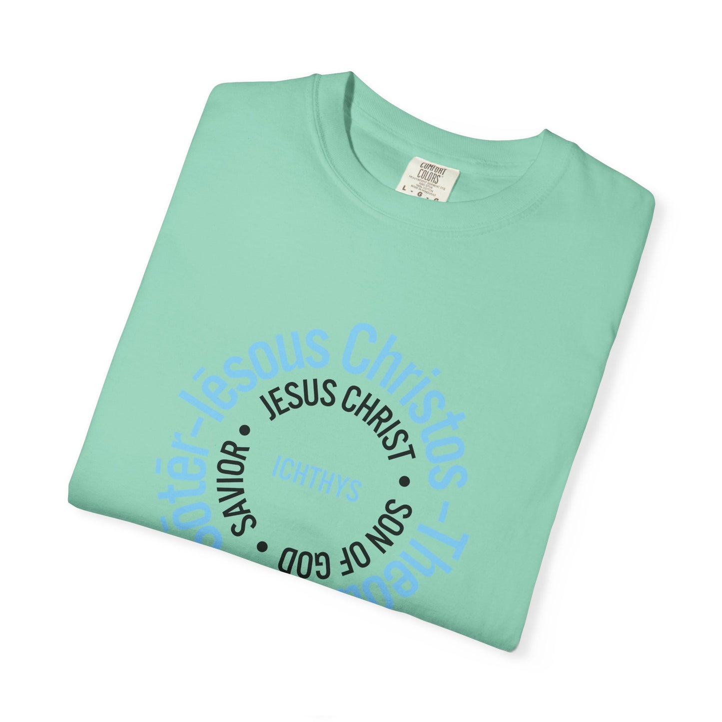 ICHTHYS 911 Blue Font "Iēsous Christos, Theou Yios, Sōtēr" - Reverse - Collection - Unisex - Christian Graphic Tee - Gym - T - Christian Faith - Jesus Wear - Women T-Shirt - Men T-Shirt