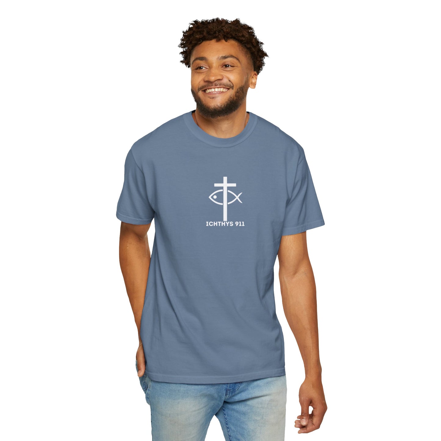 ICHTHYS 911 - White Font "Faith, Hope, & Love" - Garment Dyed - 100% US Cotton - Unisex T-Shirt - Men T-Shirt - Christian Women Tee - Faith-Inspired Shirt - Christian Fashion - Wear Your Faith - Additional Colors