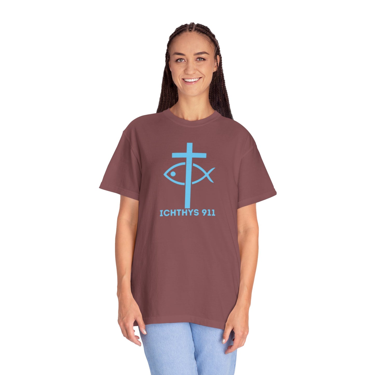 Authentic - Christian Streetwear T-Shirt – Jesus Gym & Faith Fashion, Unisex Garment-Dyed T-Shirt Blue Font - ICHTHYS 911