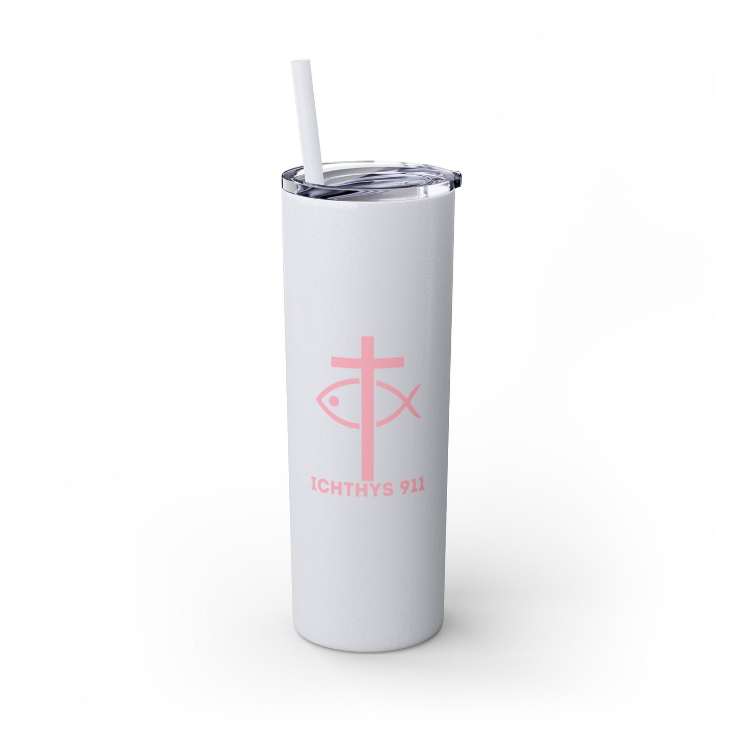 ICHTHYS 911 Pink Font Faith-Inspired Skinny Tumbler with Straw - 20oz