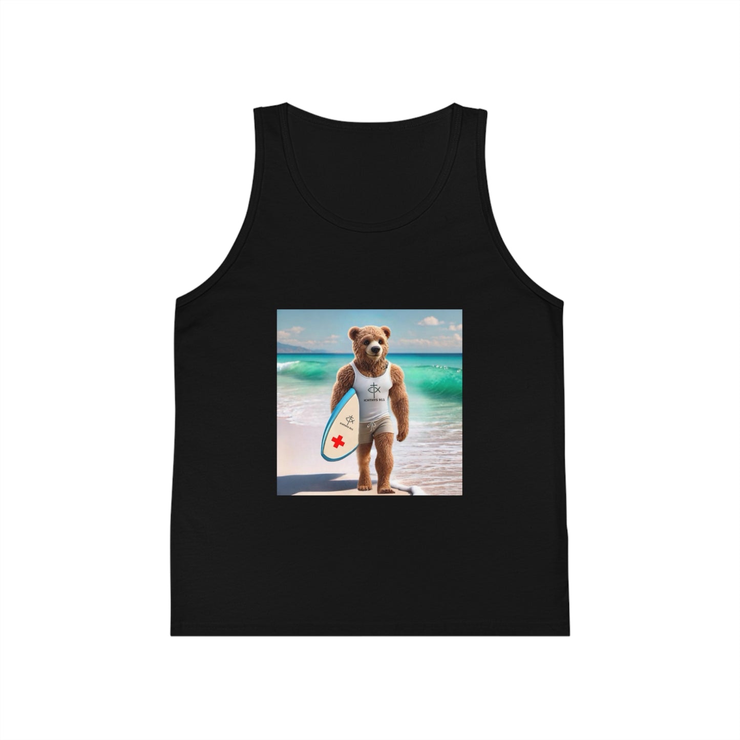 ICHTHYS 911 "Surfing Bear" - Youth Size - Kid's Jersey Tank Top - Fun Summer Attire for Adventures