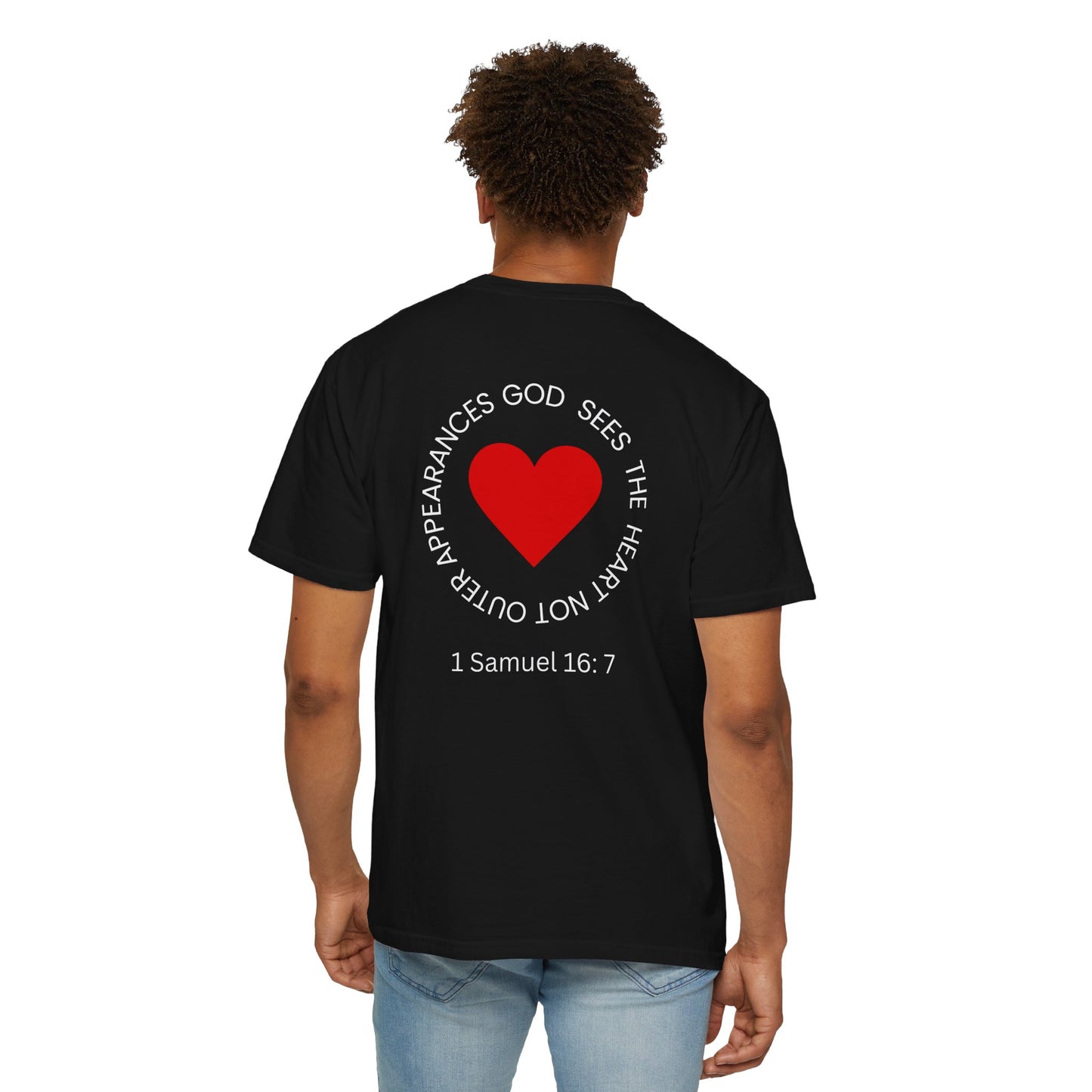 ICHTHYS 911 -  "God Sees the Heart" - White Font - Unisex Garment - Dyed T-Shirt - Inspirational Graphic T-Shirt for Everyday Motivation - 100% US cotton