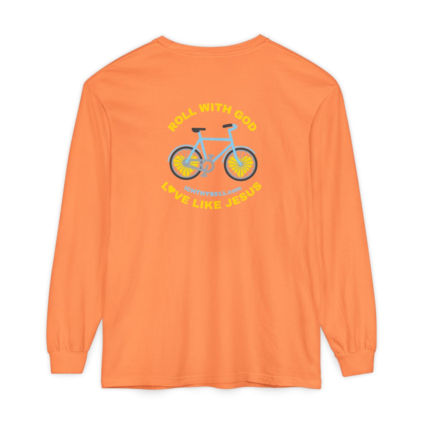 “Roll With God, Love Like Jesus” Bike Graphic -Unisex T- Shirt - Gold Font - Men T- Shirt - Women T-Shirt - Christian T-Shirt - ICHTHYS 911 - Soft - Garment-Dyed