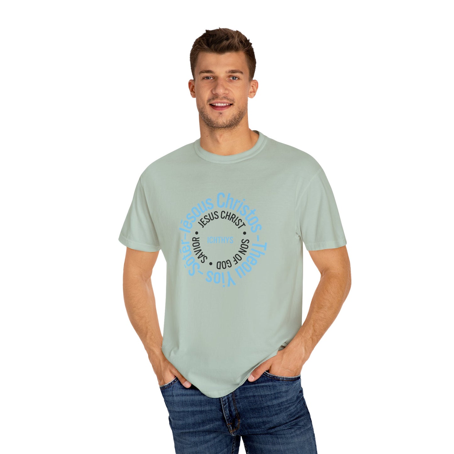 ICHTHYS 911 Blue Font "Iēsous Christos, Theou Yios, Sōtēr" - Reverse - Collection - Unisex - Christian Graphic Tee - Gym - T - Christian Faith - Jesus Wear - Women T-Shirt - Men T-Shirt