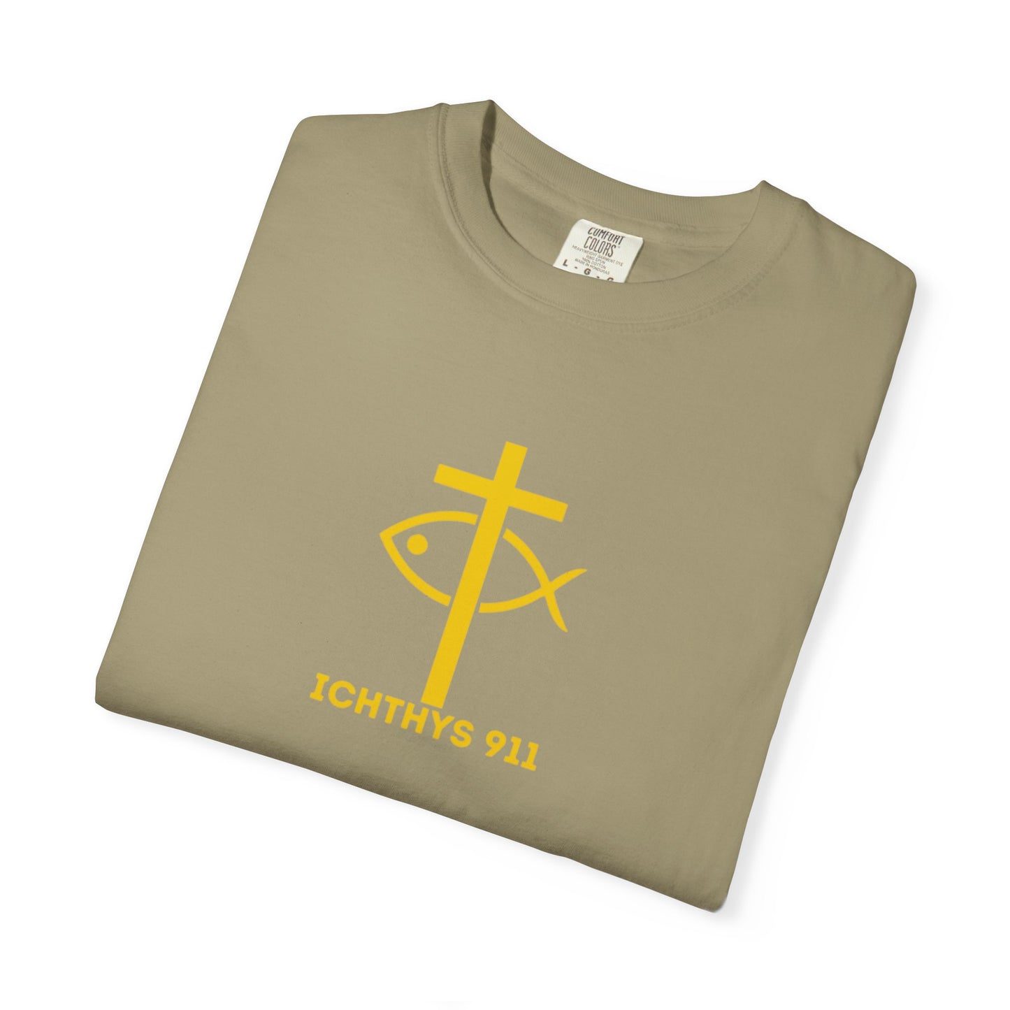 ICHTHYS 911 - "God Sees the Heart" Reverse' Gold Font - Unisex Garment - Dyed T-Shirt - 100% US Cotton - Men T-Shirt - Women T-Shirt - Inspirational Graphic T-Shirt for Everyday Motivation