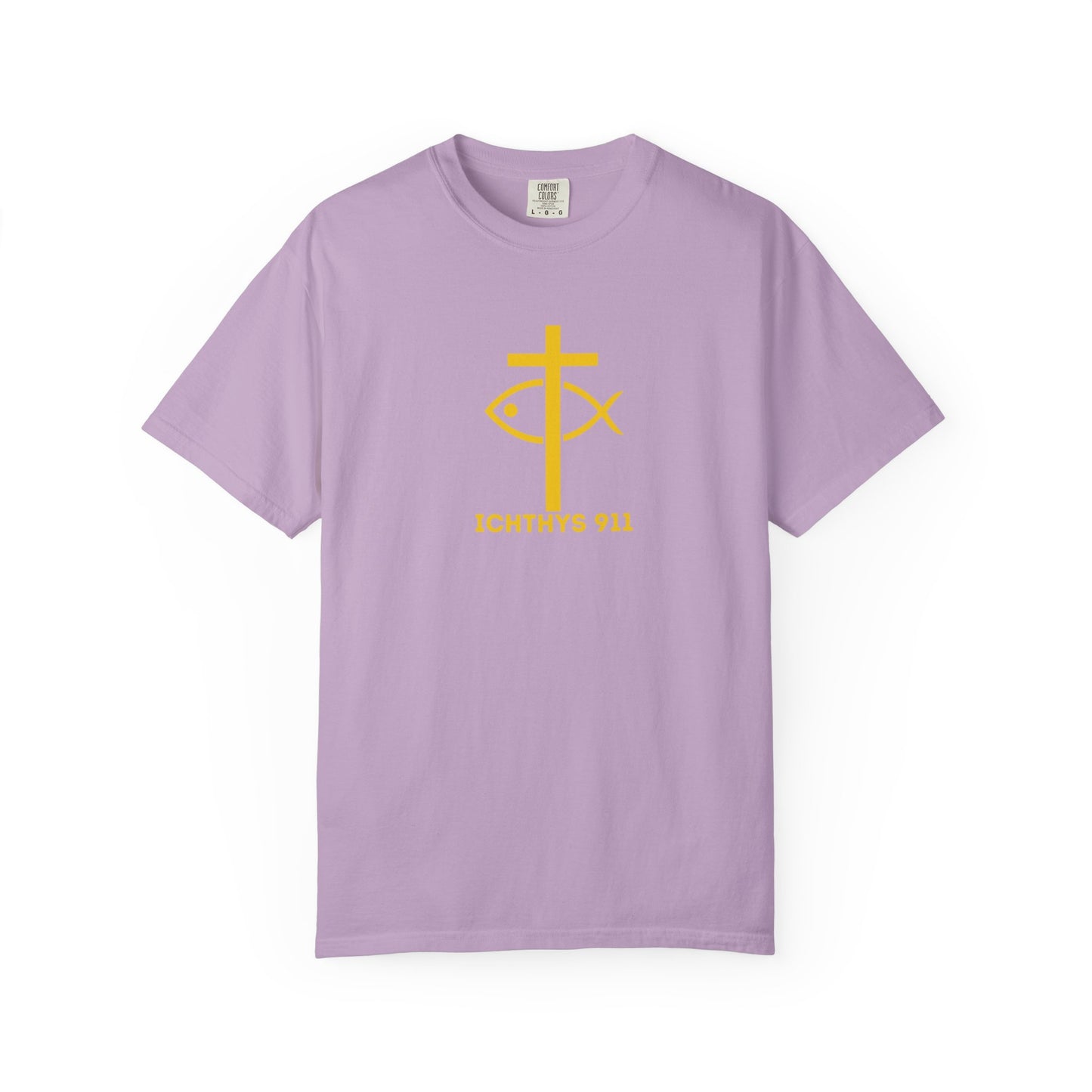 ICHTHYS 911 Gold Font "Faith, Hope, & Love" - Unisex Garment Dyed T-Shirt - 100# US Cotton - Men T-Shirt - Women T-Shirt - Christian T- Shirt -Faith-Inspired Shirt - Christian Fashion - Wear Your Faith