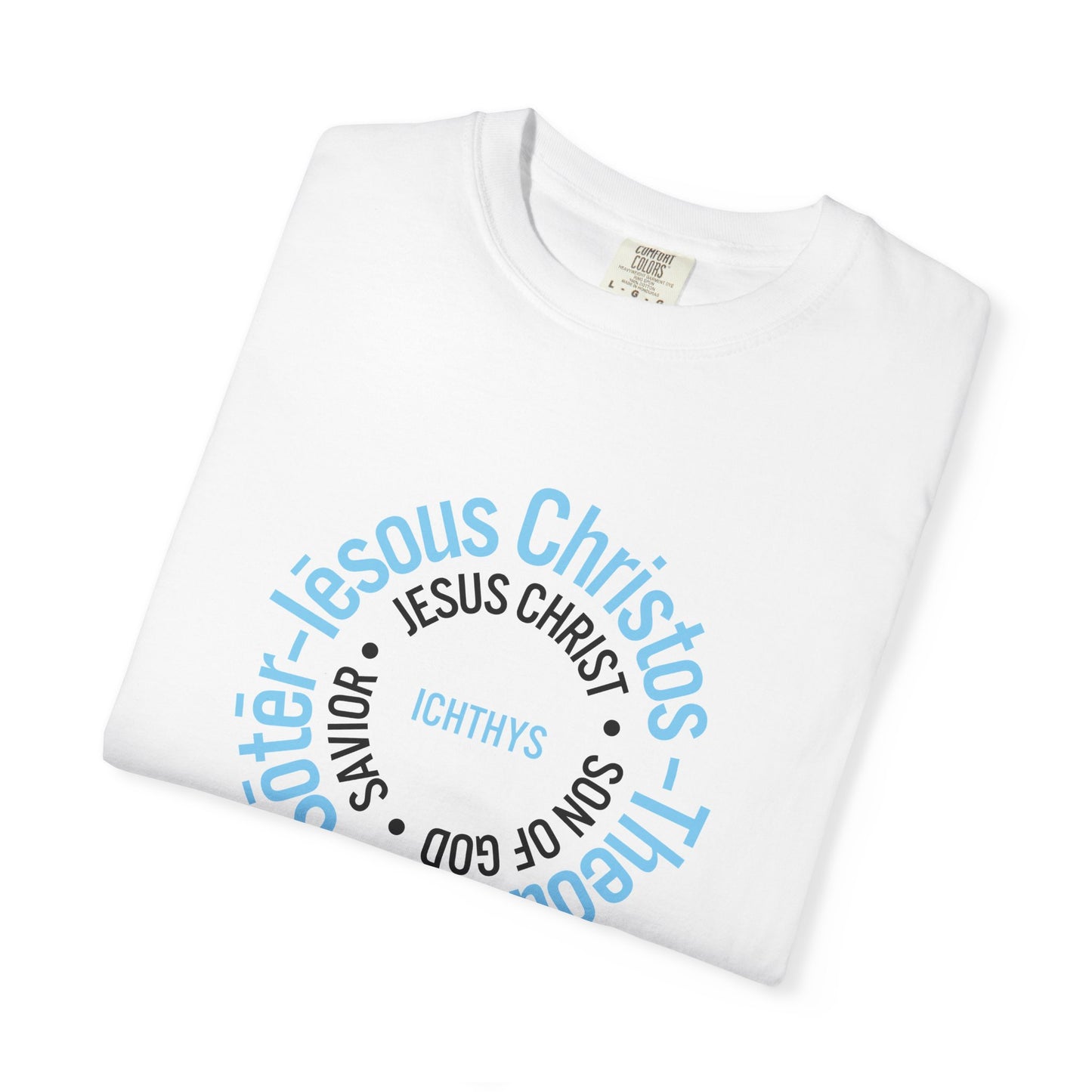 ICHTHYS 911 Blue Font "Iēsous Christos, Theou Yios, Sōtēr" - Reverse - Collection - Unisex - Christian Graphic Tee - Gym - T - Christian Faith - Jesus Wear - Women T-Shirt - Men T-Shirt