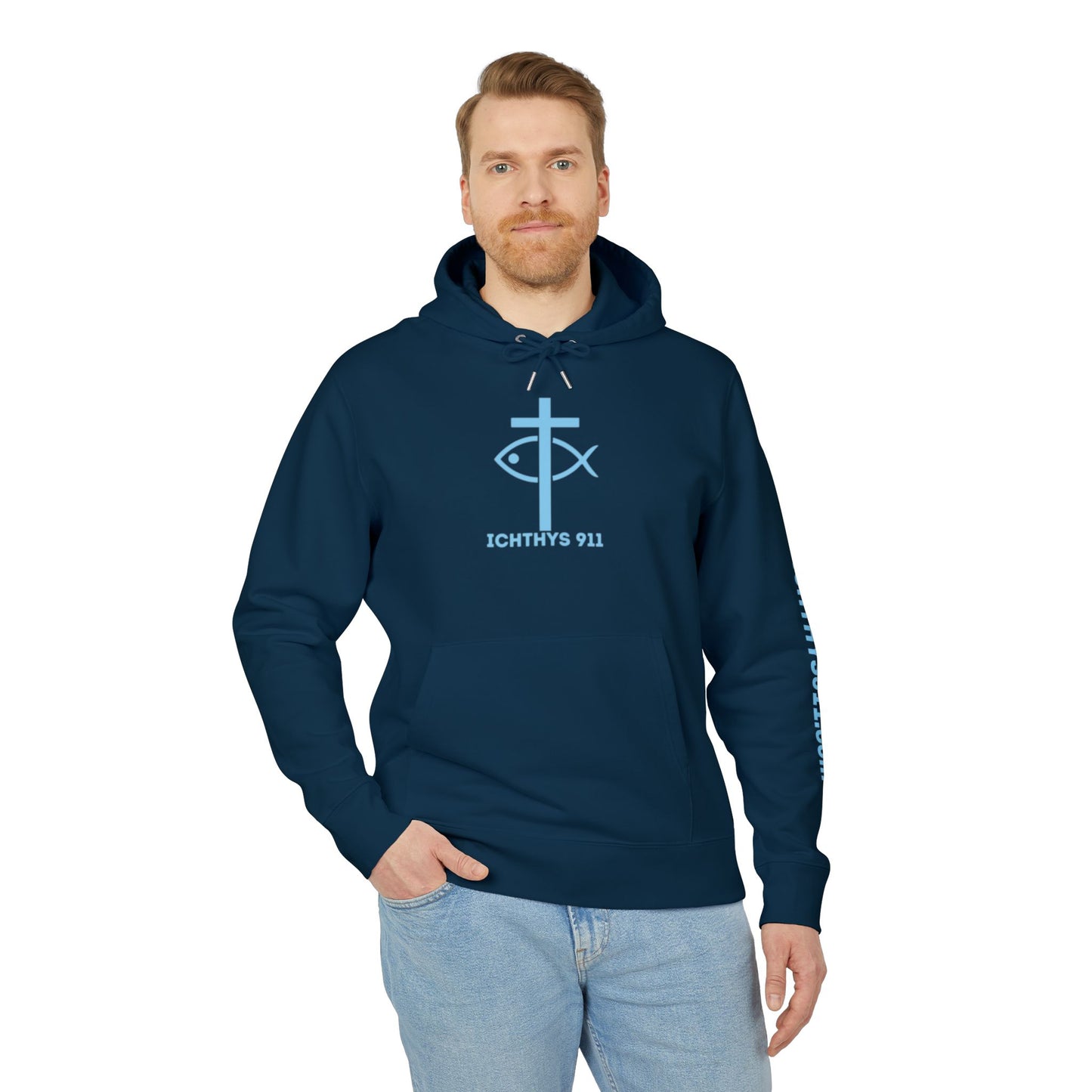 Iēsous Christos, Theou Yios, Sōtēr = Jesus Christ, Son of God, Savior - Unisex - Blue Font - Sweatshirt - ICHTHYS 911 - Hoodie -100% Organic- Heavy