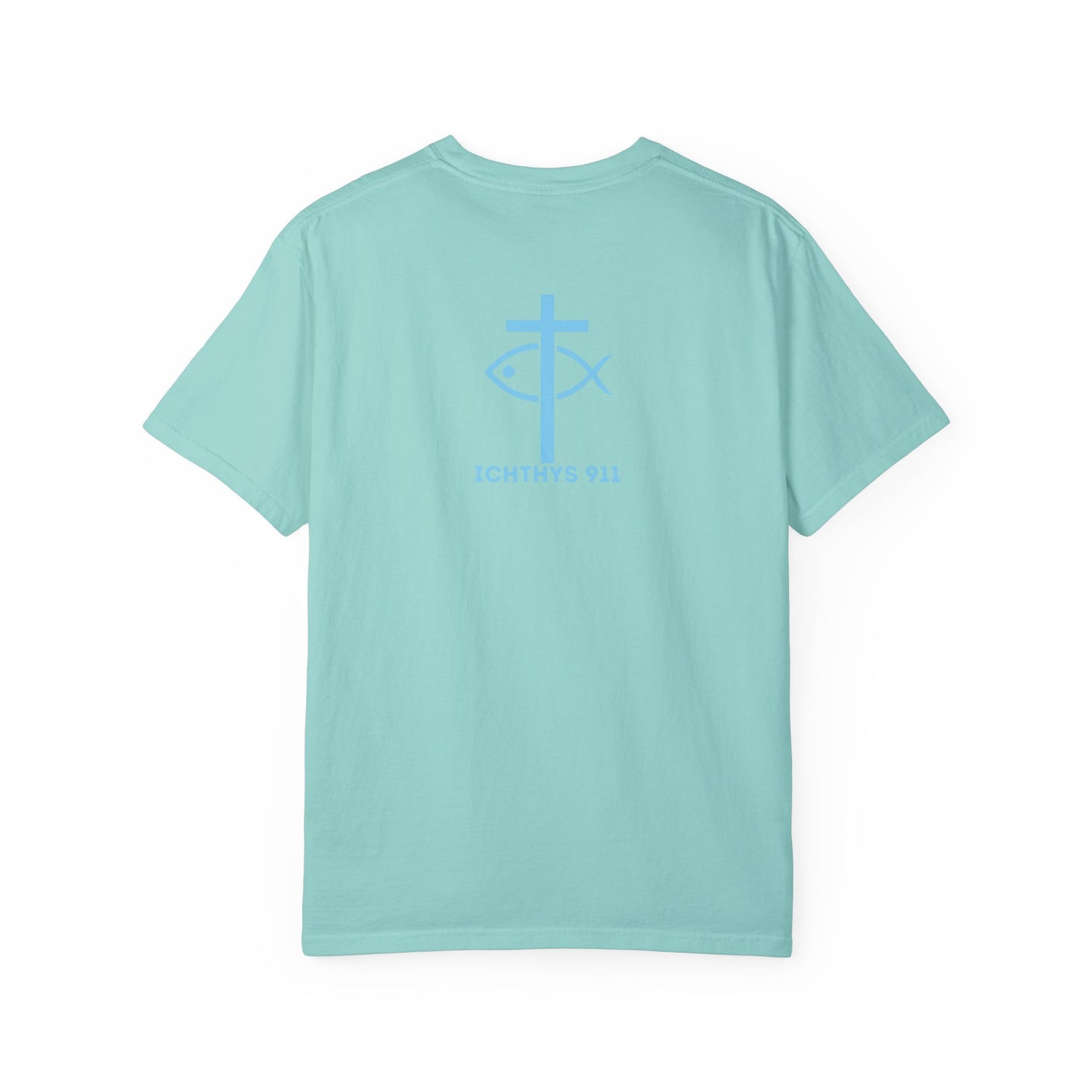 ICHTHYS 911 Blue & Black Font "Iēsous Christos, Theou Yios, Sōtēr" - Collection - Reverse Design - Unisex Garment Dyed - 100% US Cotton - Christian Graphic Tee - Gym - T - Christian Faith - Jesus Wear - Women T-Shirt - Men T-Shirt