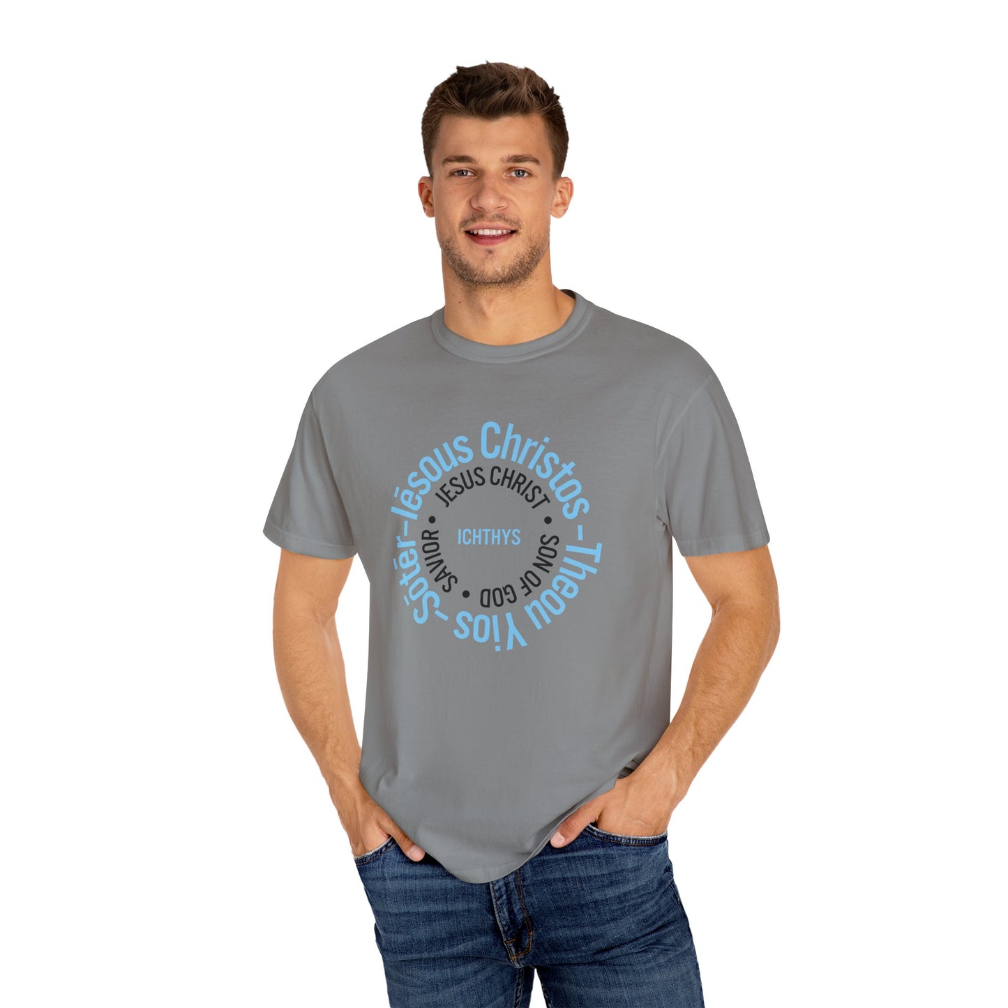 ICHTHYS 911 Blue & Black Font "Iēsous Christos, Theou Yios, Sōtēr" - Collection - Reverse Design - Unisex Garment Dyed - 100% US Cotton - Christian Graphic Tee - Gym - T - Christian Faith - Jesus Wear - Women T-Shirt - Men T-Shirt