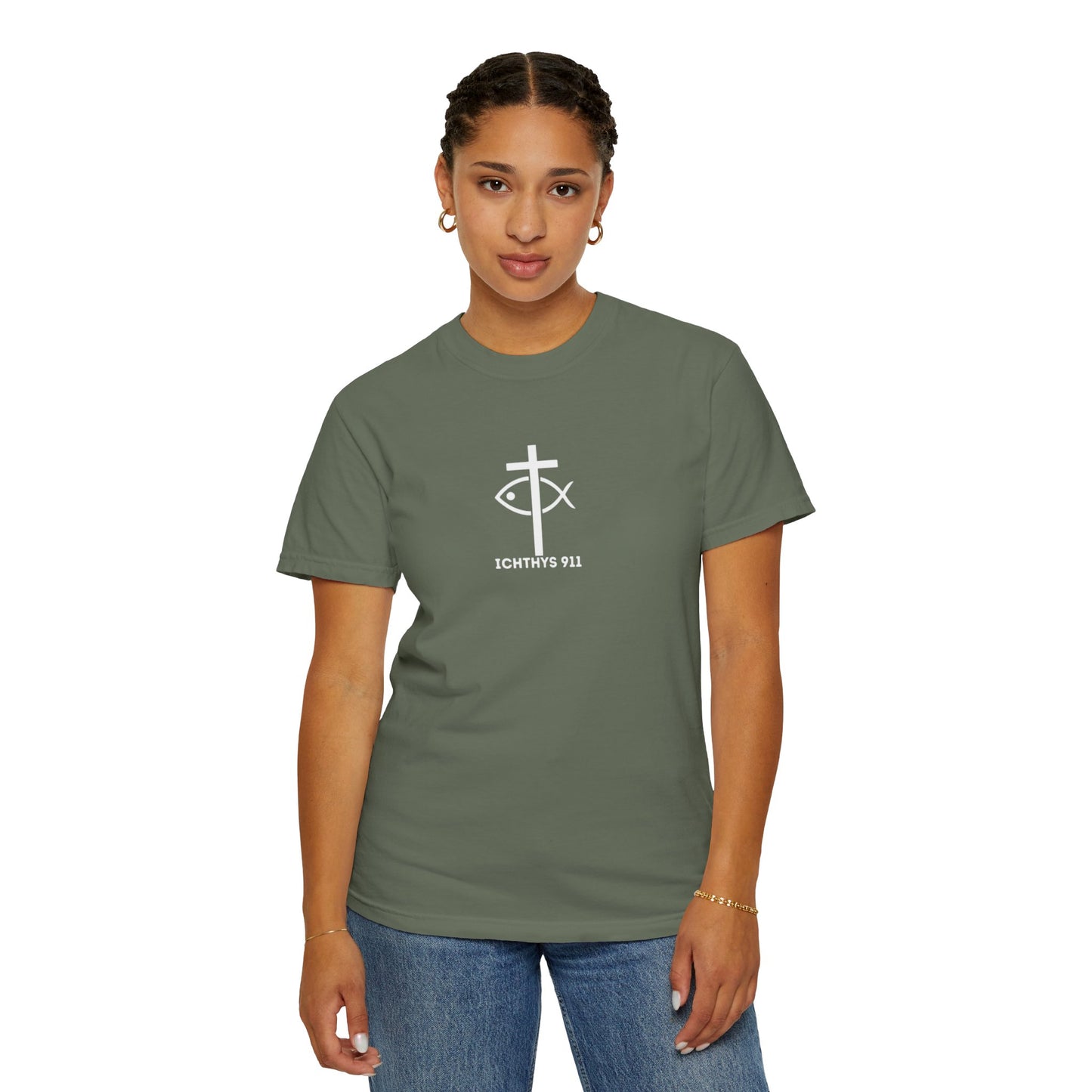 ICHTHYS 911 - White Font "Faith, Hope, & Love" - Garment Dyed - 100% US Cotton - Unisex T-Shirt - Men T-Shirt - Christian Women Tee - Faith-Inspired Shirt - Christian Fashion - Wear Your Faith - Additional Colors