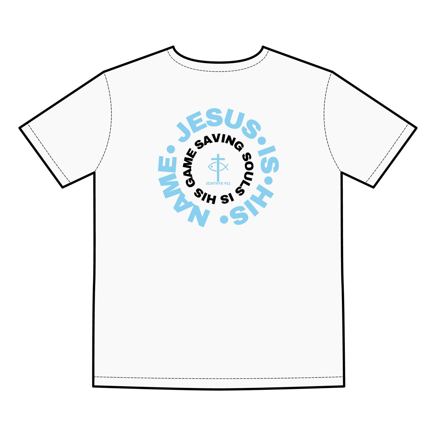 ICHTHYS 911 - Blue Font - "Jesus Is His Name, Saving Souls For Eternity is His Game" Men's V Neck Tee - Men T-Shirt - Christian T -