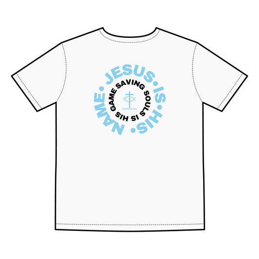 ICHTHYS 911 - Blue Font - "Jesus Is His Name, Saving Souls For Eternity is His Game" Men's V Neck Tee - Men T-Shirt - Christian T -