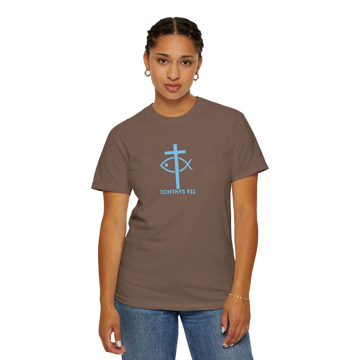 ICHTHYS 911 - Blue Font "Iēsous Christos, Theou Yios, Sōtēr" - Garment-Dyed - 100% US Cotton - Unisex T-Shirt - Men T-Shirt - Women T-Shirt - Christian Symbol - Greek - Faith Inspired -Christian Streetwear – Jesus Gym & Faith Fashion, Unisex Garment