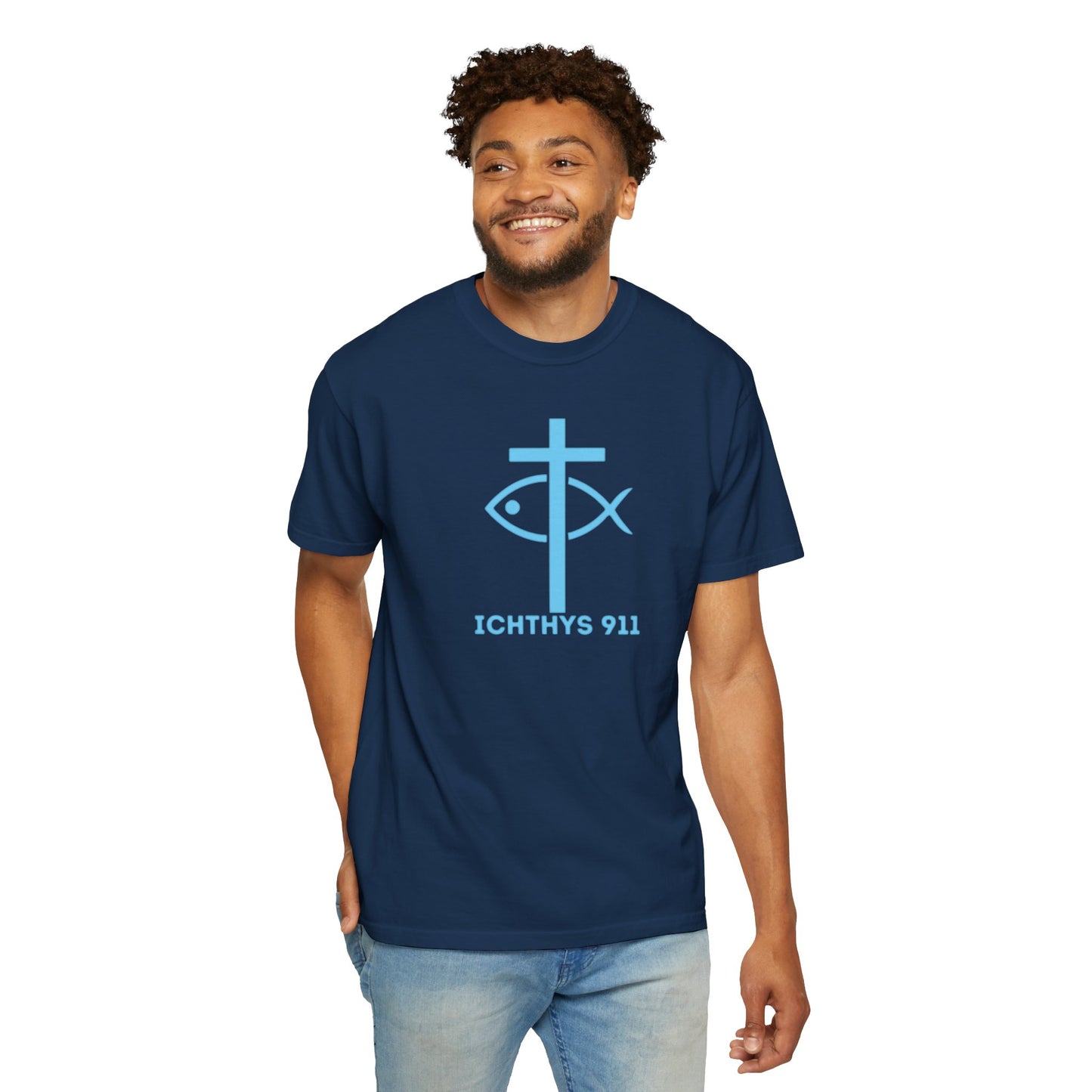 Authentic - Christian Streetwear T-Shirt – Jesus Gym & Faith Fashion, Unisex Garment-Dyed T-Shirt Blue Font - ICHTHYS 911