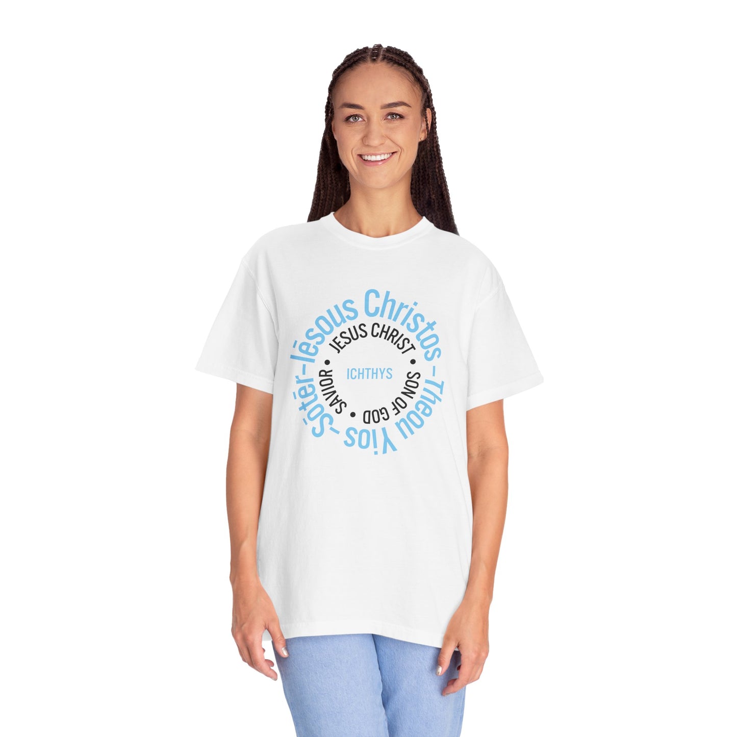 ICHTHYS 911 Blue & Black Font "Iēsous Christos, Theou Yios, Sōtēr" - Collection - Reverse Design - Unisex Garment Dyed - 100% US Cotton - Christian Graphic Tee - Gym - T - Christian Faith - Jesus Wear - Women T-Shirt - Men T-Shirt