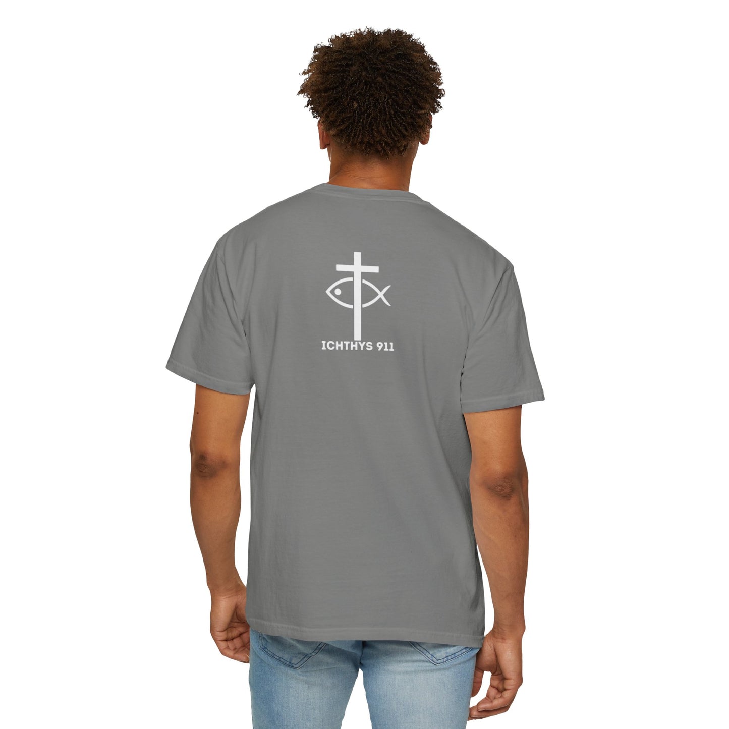ICHTHYS 911 - "God Sees the Heart" Reverse Design - White Font - Unisex Garment - Dyed T-Shirt - 100% US Cotton - Men T-Shirt - Women T-Shirt - Inspirational Graphic T-Shirt for Everyday Motivation