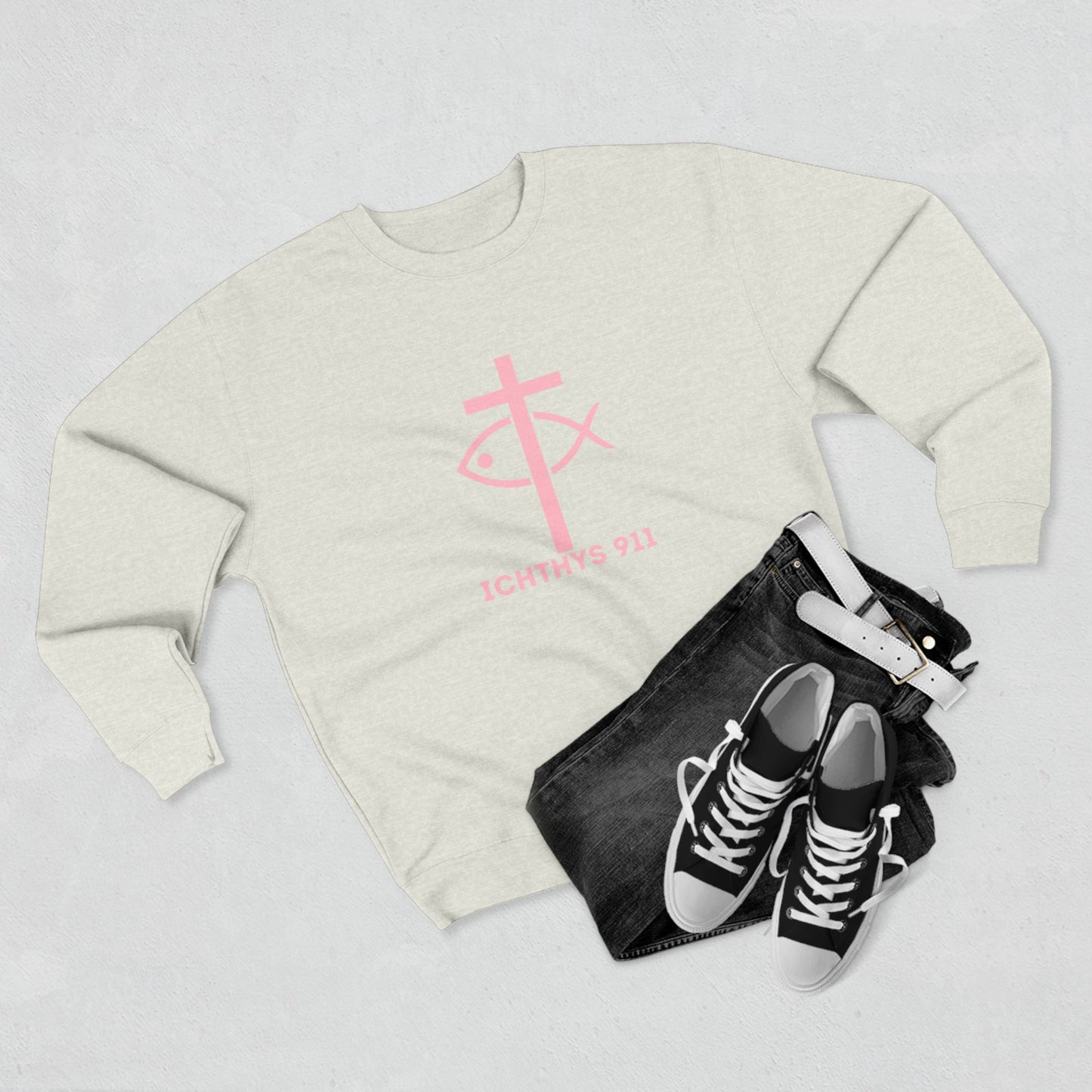 ICHTHYS 911 Minimal Pink Cross Crewneck Sweatshirt — Unisex -