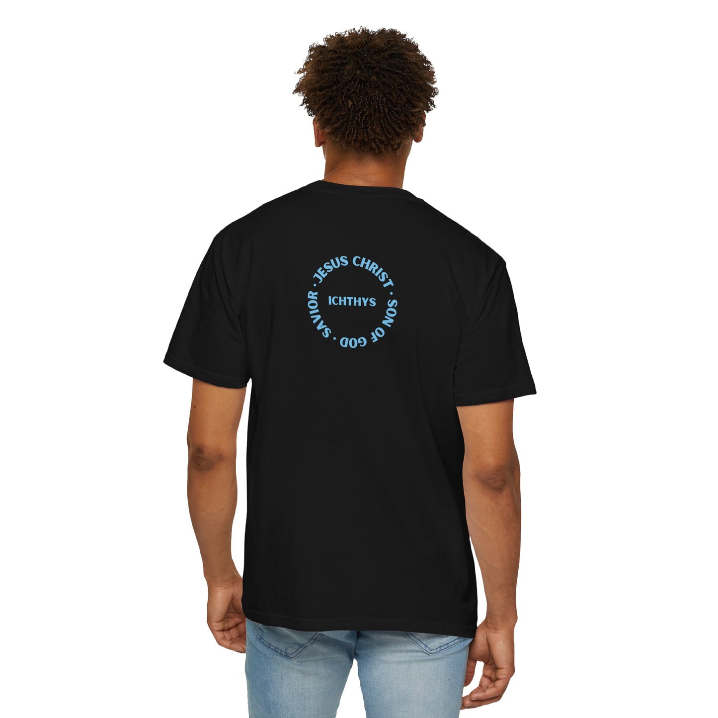 ICHTHYS 911 - "Jesus Christ Son of God Savior" Blue Font - Christian Streetwear T-Shirt – Jesus Gym & Faith Fashion, Unisex Garment-Dyed T-Shirt Blue Font