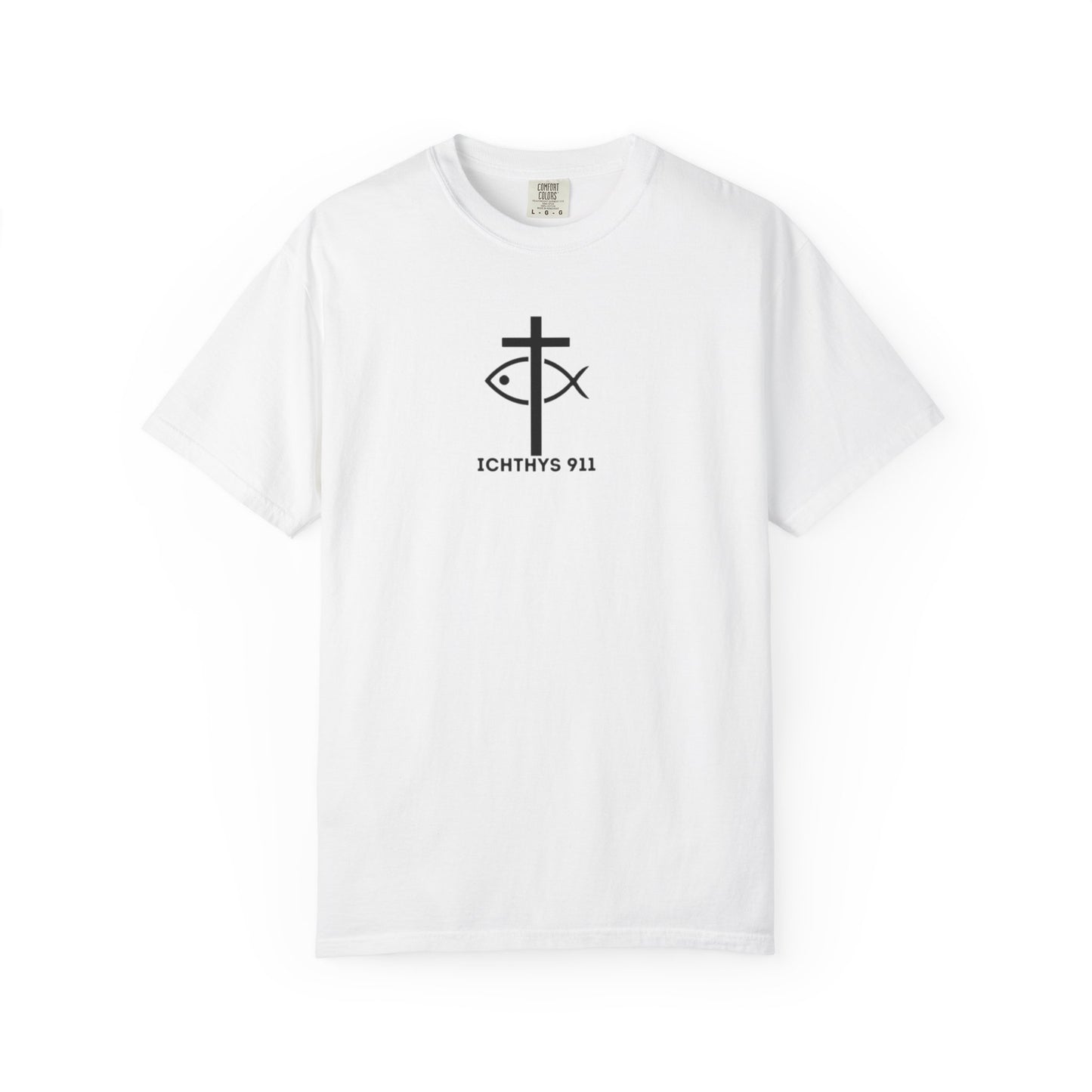 ICHTHYS 911 - "ICHTHYS Round" Blue Font  - Christian Streetwear T-Shirt  – Unisex Garment-Dyed T-Shirt - Men T-Shirt - Women T-Shirt - Jesus Gym & Faith Fashion,