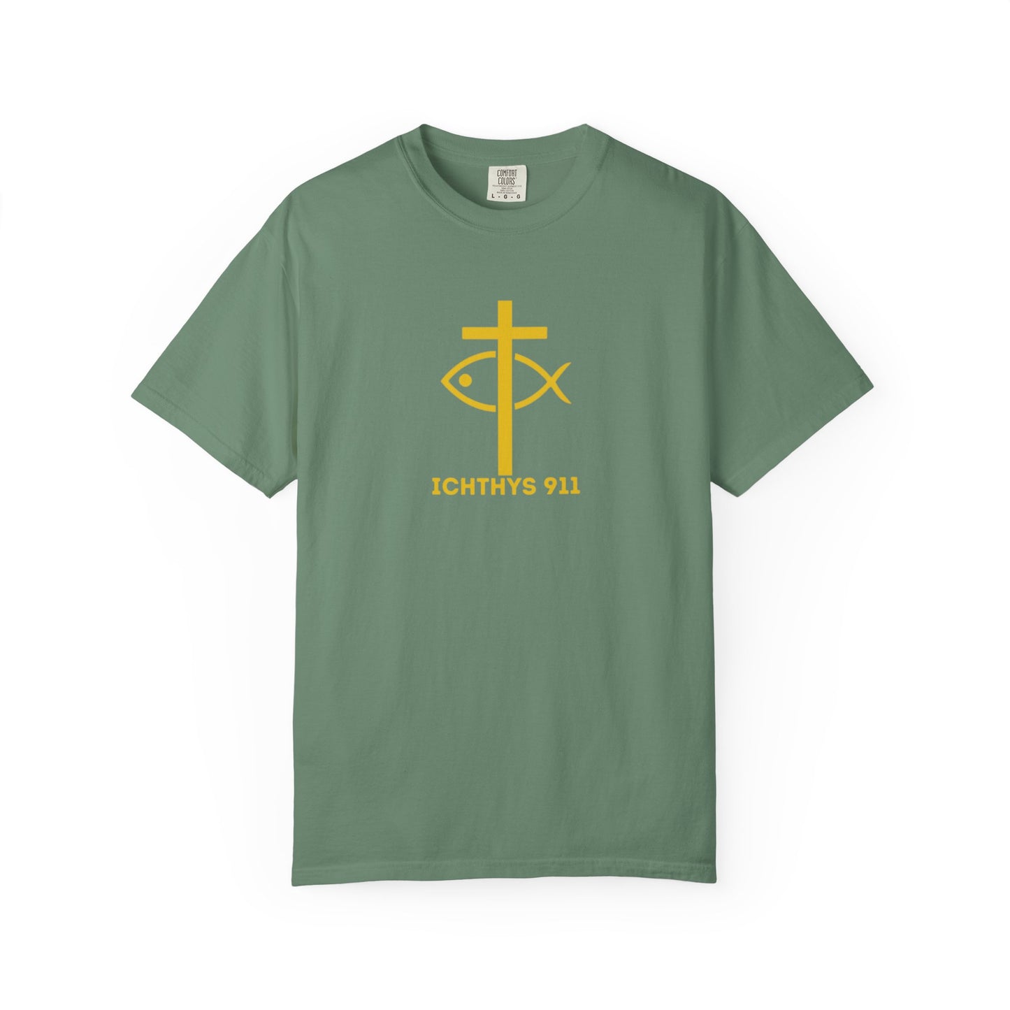 "Jesus Christ Son of God Savior" - Gold Font - Unisex Garment Dyed T- Shirt - Men T-Shirt - Women T-Shirt - Christian Streetwear T-Shirt – Jesus Gym & Faith Fashion,ICHTHYS 911 -
