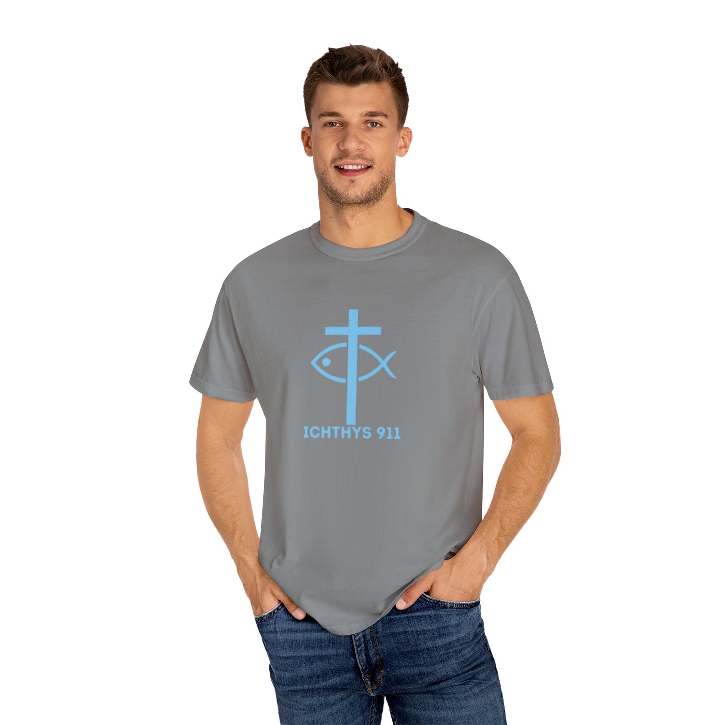 ICHTHYS 911 "Strength Through Christ Philippians 4:13" - Blue Font - Unisex Garment Dyed T- Shirt - 100% US Cotton -Men T-Shirt - Women T-Shirt- Christian Activewear - Wear Your Faith