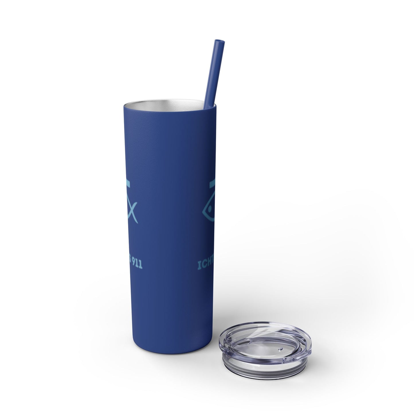 ICHTHYS 911 - Blue Font - Faith-Inspired Skinny Tumbler with Straw - 20oz Baby Shower Drip