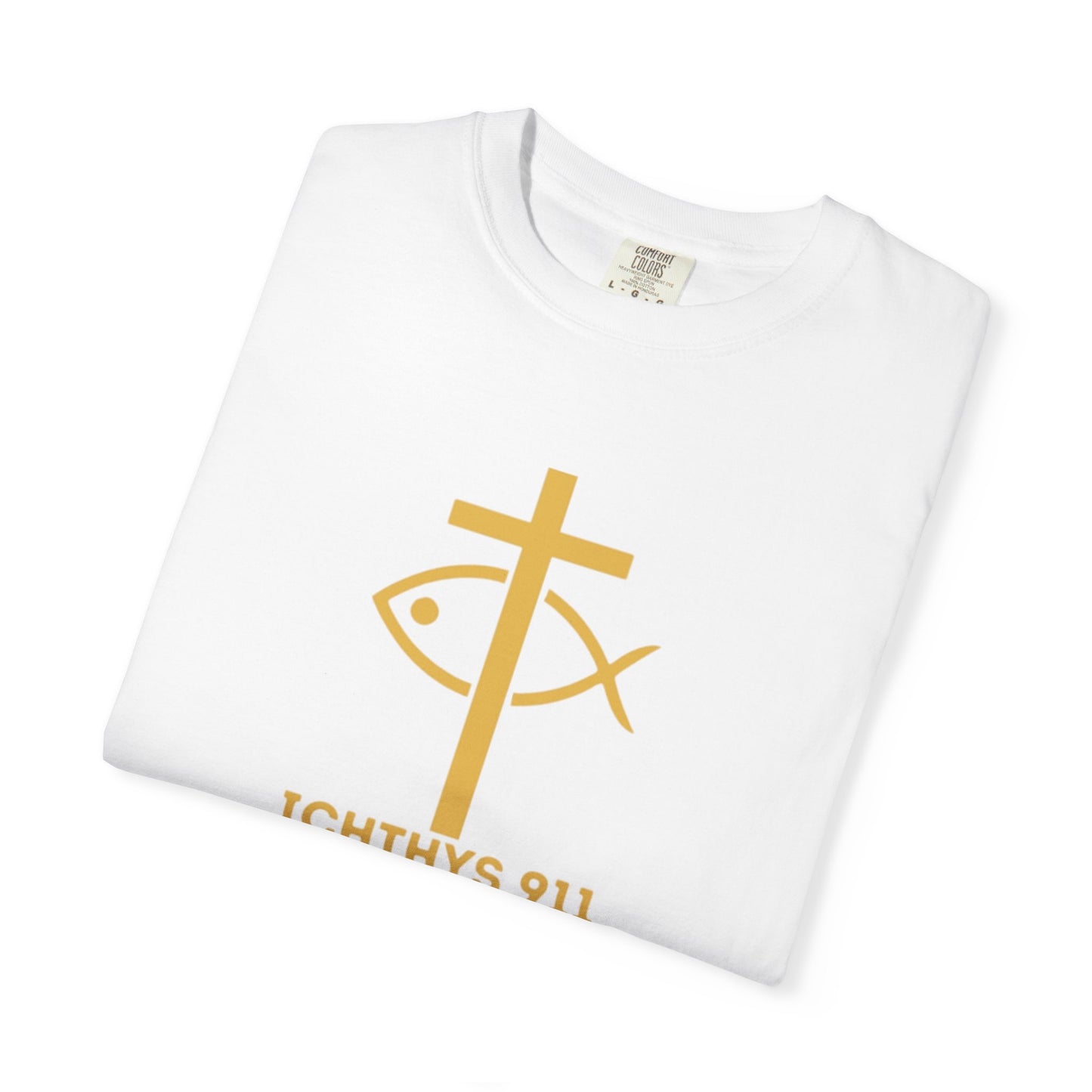 Iēsous Christos, Theou Yios, Sōtēr = Jesus Christ, Son of God, Savior - Gold Font - Unisex Garment Dyed T- Shirt - Men T-Shirt - Women T-Shirt - Christian Streetwear T-Shirt – Jesus Gym & Faith Fashion,ICHTHYS 911 -