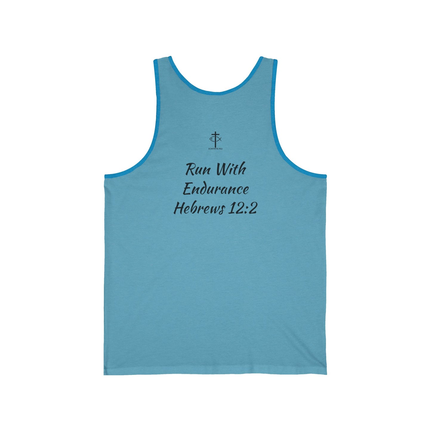 Run With Endurance T-Shirt – Hebrews 12:1 Inspirational Christian Tee - ICHTHYS 911 Unisex Jersey Tank Top - Casual Christian Symbol Graphic Tank Top