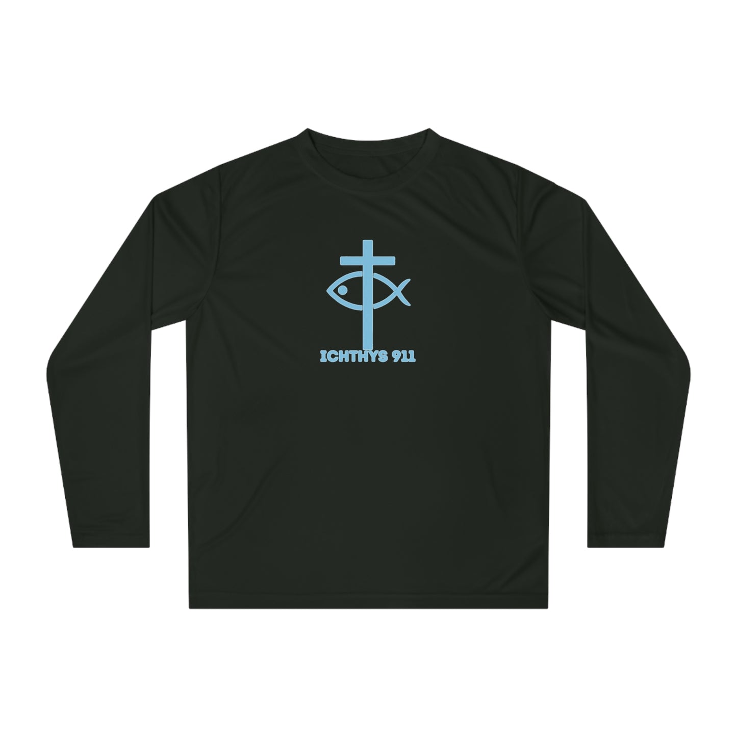 ICHTHYS 911 "Strength Through Christ Philippians 4:13" - Blue Font - Unisex Performance Long Sleeve Shirt - Men - Women - 100% Moisture-Wicking Poly - Christian Activewear