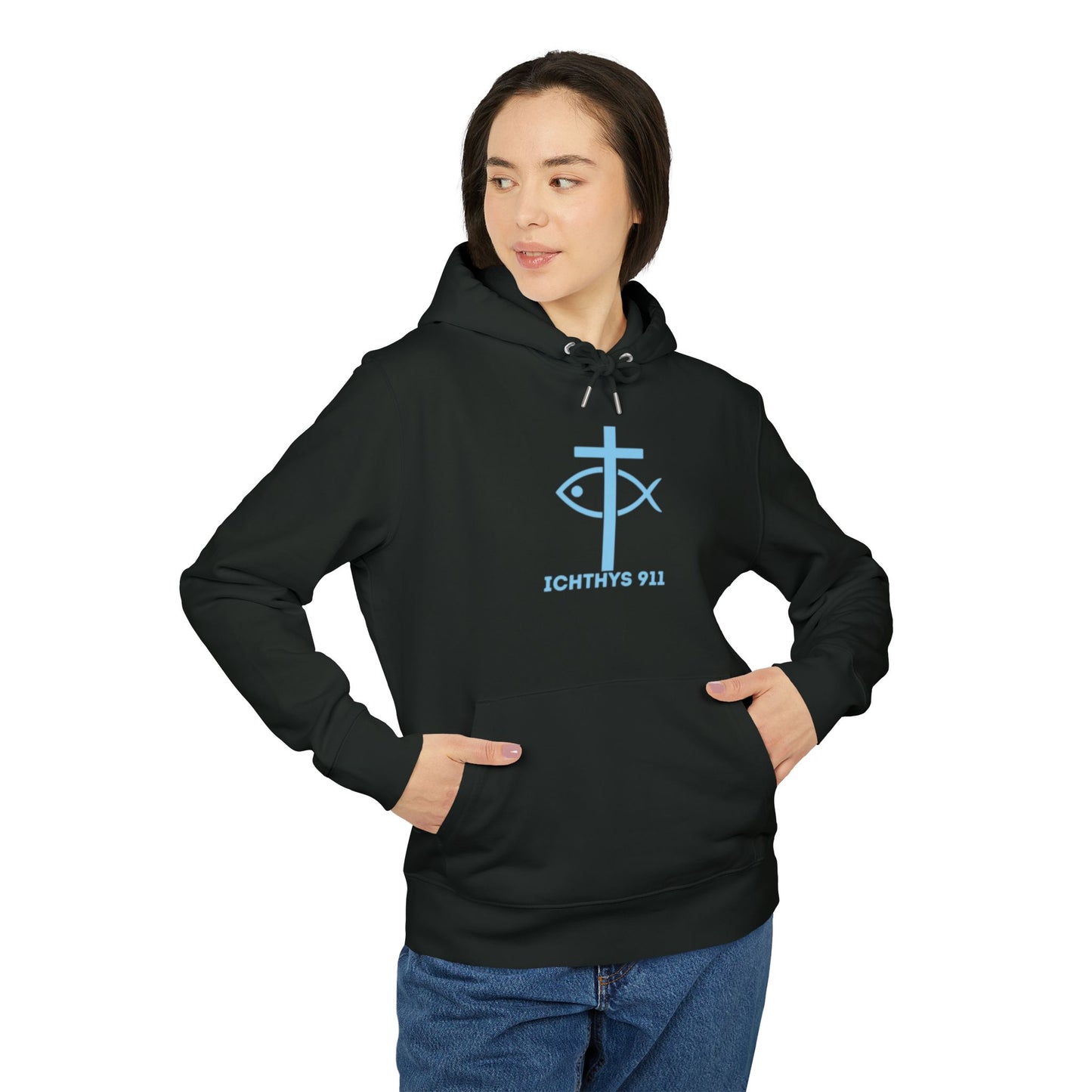 Iēsous Christos, Theou Yios, Sōtēr = Jesus Christ, Son of God, Savior - Unisex - Blue Font - Sweatshirt - ICHTHYS 911 - Hoodie -100% Organic- Heavy