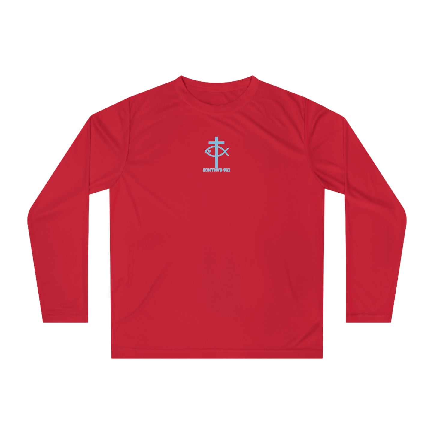 ICHTHYS 911 "Rise & Conquer Romans 8:38"  Unisex Performance Long Sleeve Shirt - Men - Women - 100% Moisture-Wicking Poly - Christian Activewear