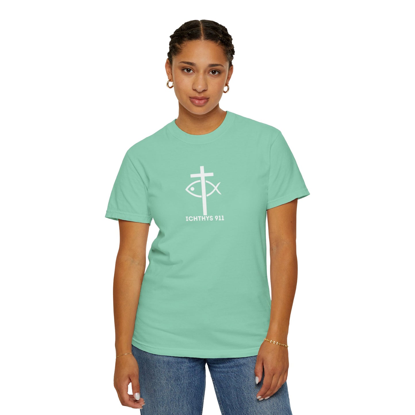 ICHTHYS 911 -  "God Sees the Heart" - White Font - Unisex Garment - Dyed T-Shirt - Inspirational Graphic T-Shirt for Everyday Motivation - 100% US cotton