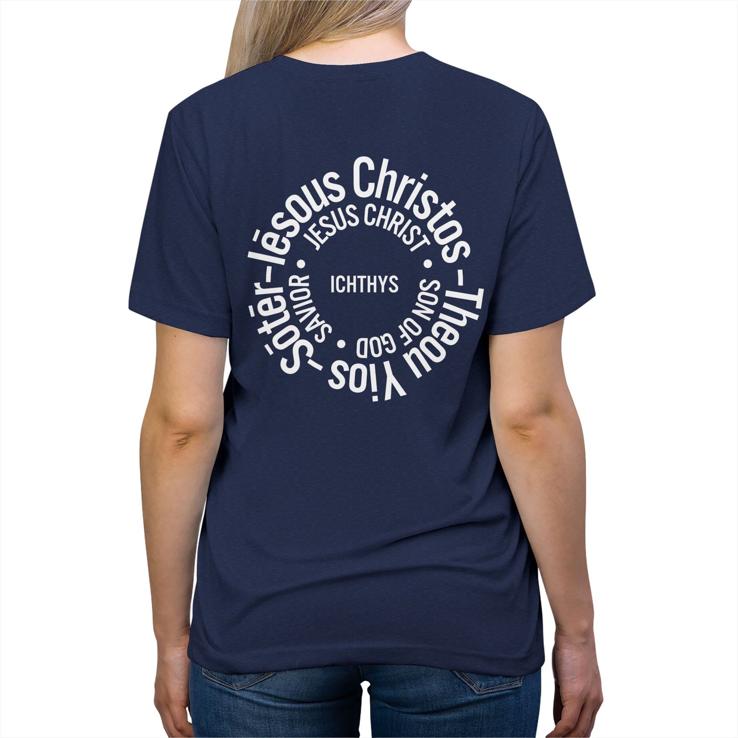 ICHTHYS 911 - White Font - "Iēsous Christos, Theou Yios, Sōtēr" - Faith-Inspired Unisex Tri-blend Tee- Graphic Shirt - Unisex - Women -T - Men -T