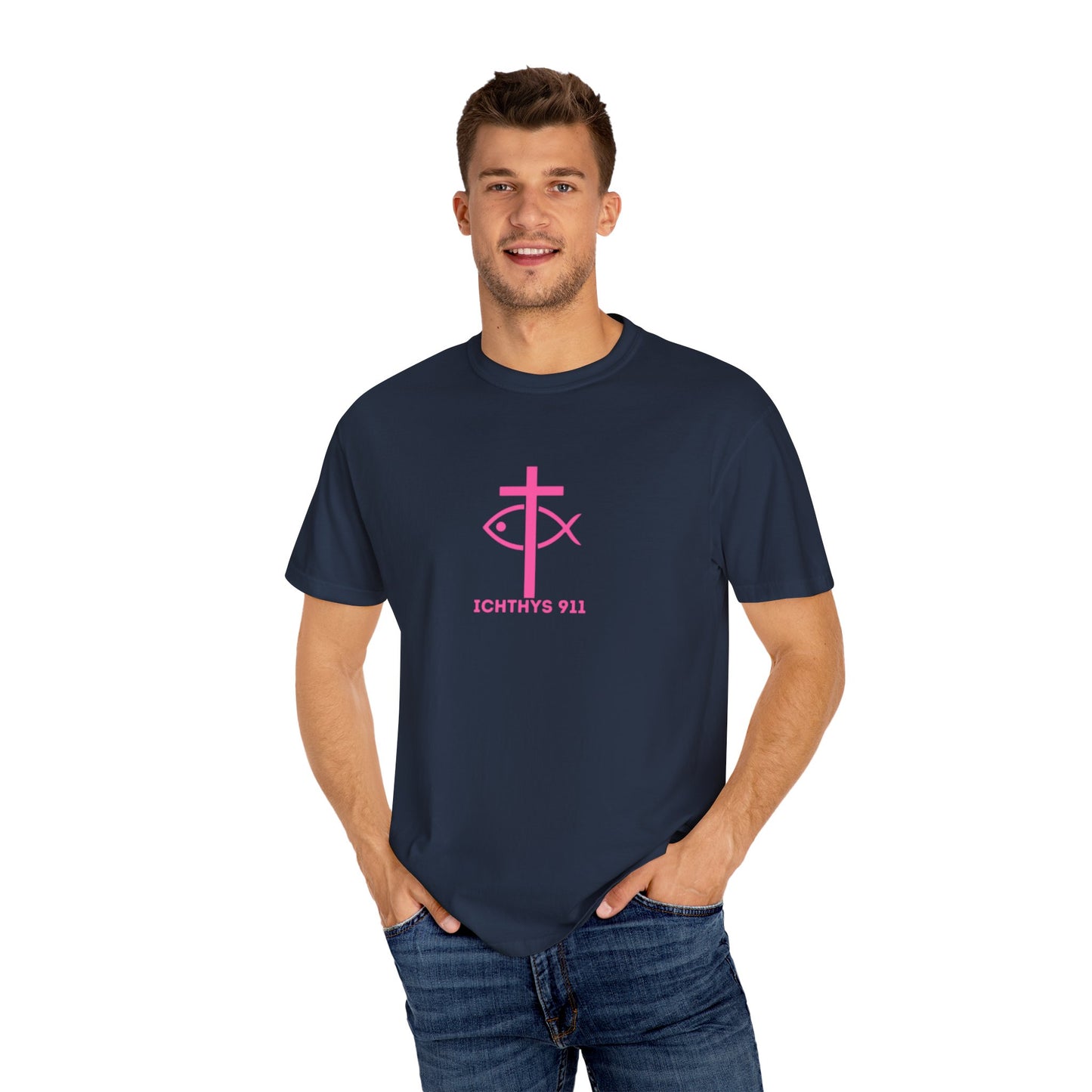 ICHTHYS 911 - "Authentic Design" - Pink Font - Unisex - Men T-Shirt - Women T-Shirt - Christian Streetwear T-Shirt – Jesus Gym & Faith Fashion, Unisex Garment-Dyed T-Shirt