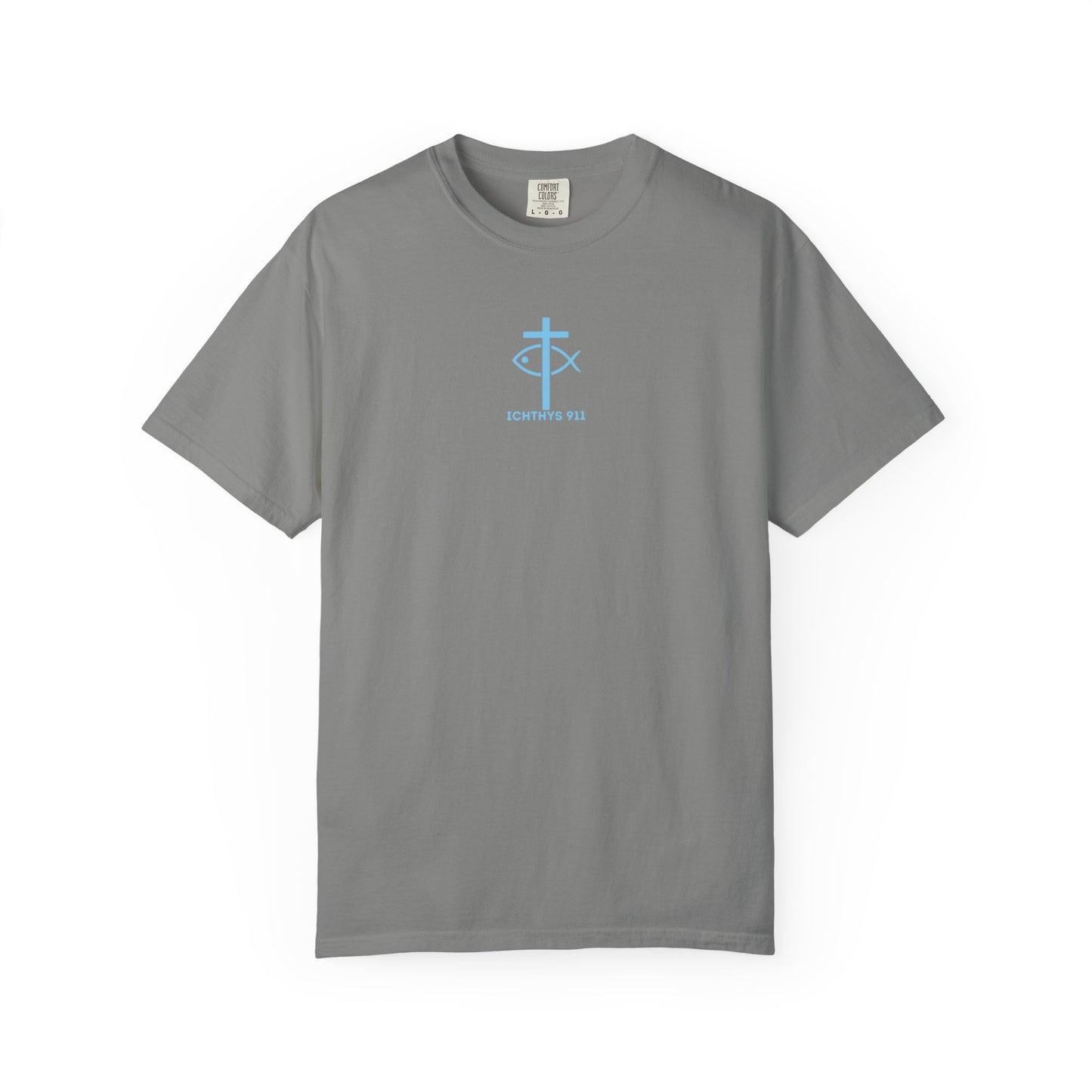 ICHTHYS 911 - Blue Font - Vendor - "Iēsous Christos, Theou Yios, Sōtēr" - Garment-Dyed Unisex T-Shirt - Men T-Shirt - Women T-Shirt - Christian Symbol - Greek - Faith Inspired -Christian Streetwear – Jesus Gym & Faith Fashion, Unisex Garment