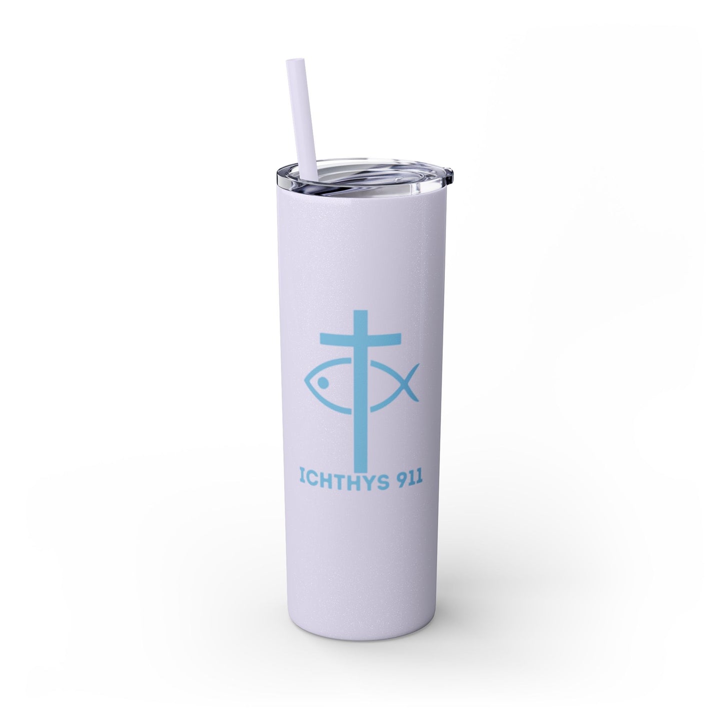 ICHTHYS 911 - Blue Font - Faith-Inspired Skinny Tumbler with Straw - 20oz Baby Shower Drip