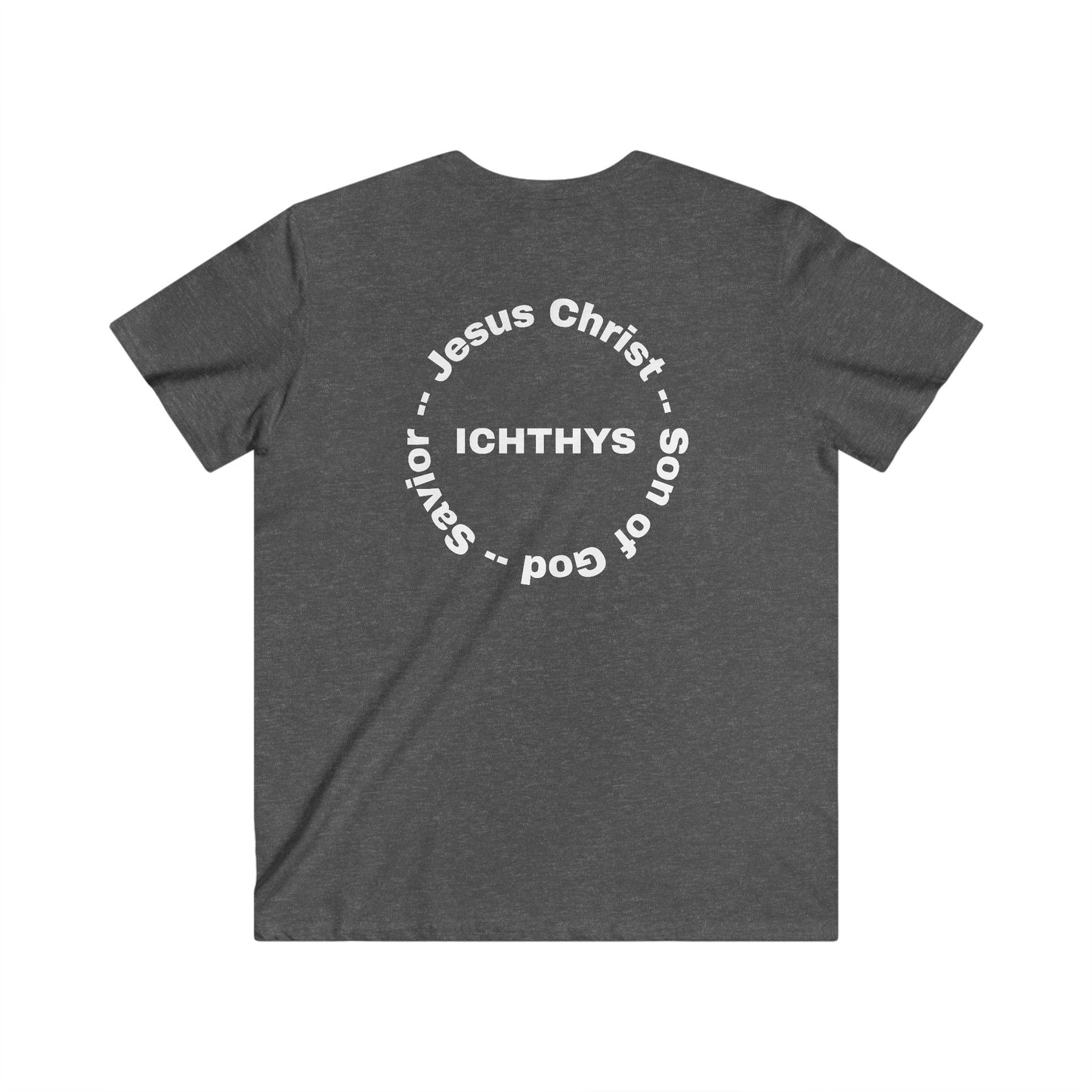ICHTHYS 911 - Jesus Christ - Son of God - Savior Collection - Men's Fitted V-Neck Short Sleeve T - Shirt - Faith-Inspired - Christian Faith - White Font