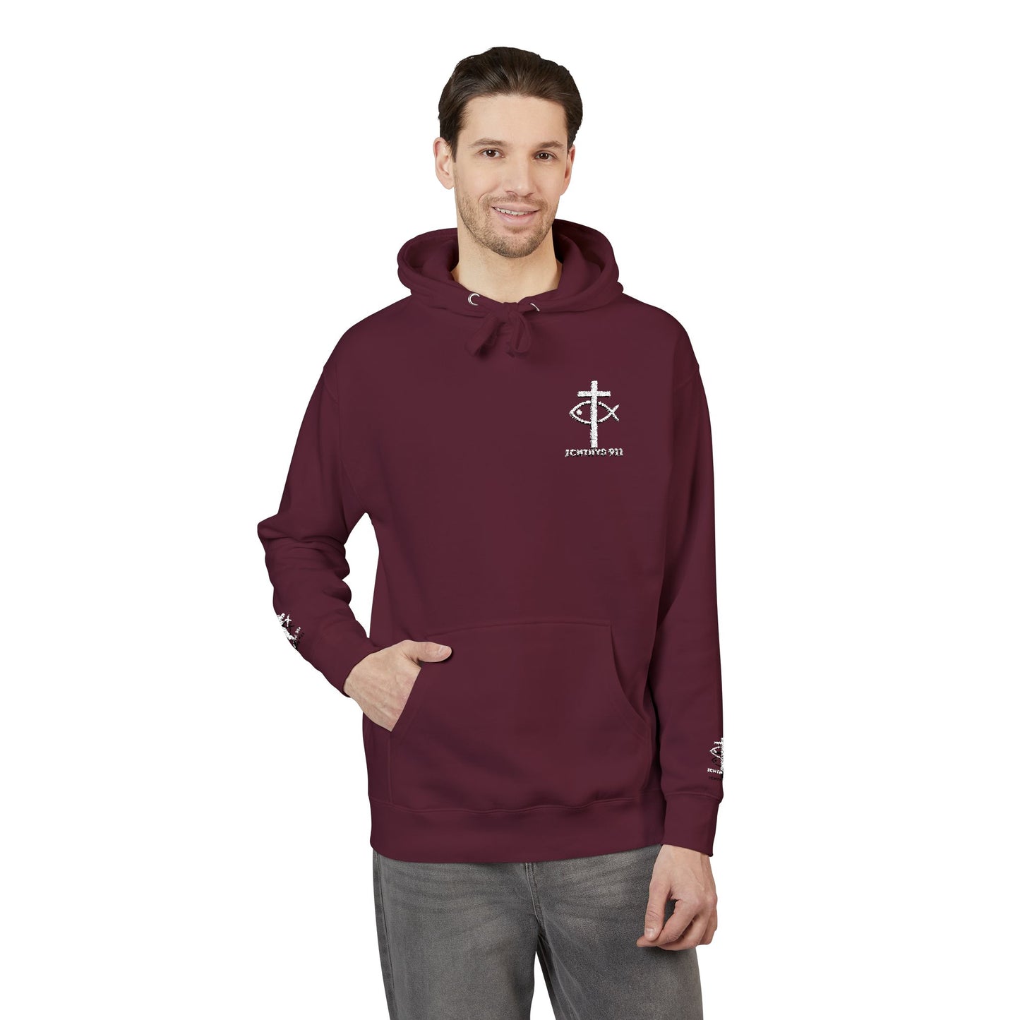 ICHTHYS 911 Embroidery Hoodie Pullover - Unsex - Elevated Embroider Gift for Her or Him - Christian Wear