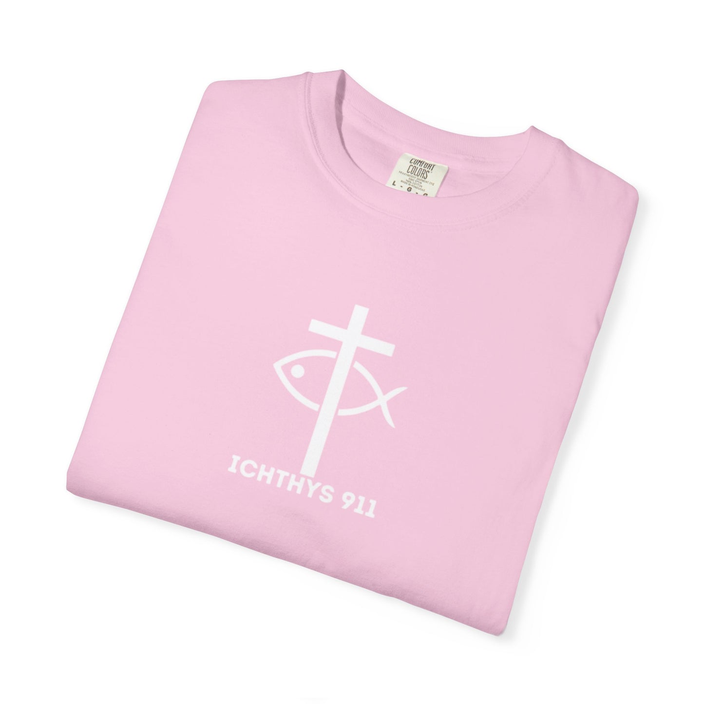 ICHTHYS 911 - White Font "Faith, Hope, & Love" - Garment Dyed - 100% US Cotton - Unisex T-Shirt - Men T-Shirt - Christian Women Tee - Faith-Inspired Shirt - Christian Fashion - Wear Your