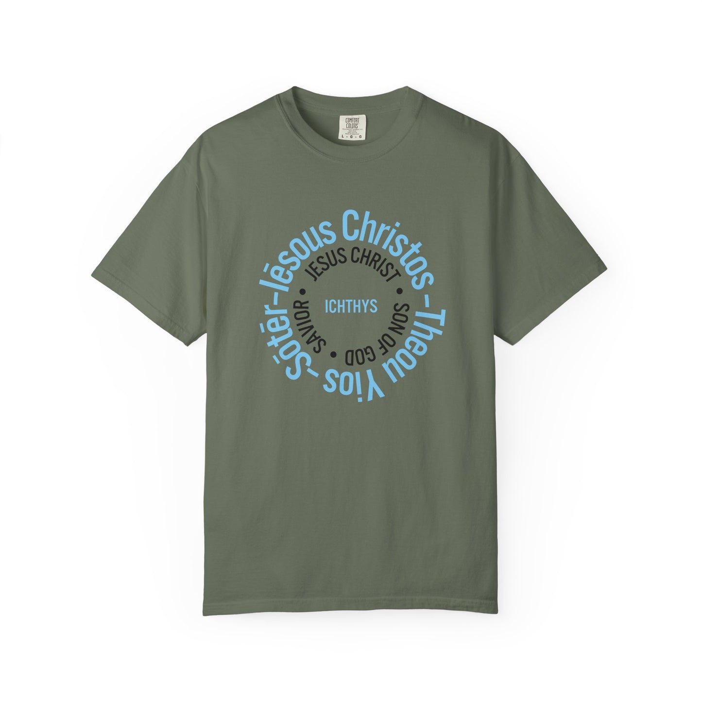 ICHTHYS 911 Blue & Black Font "Iēsous Christos, Theou Yios, Sōtēr" - Collection - Reverse Design - Unisex Garment Dyed - 100% US Cotton - Christian Graphic Tee - Gym - T - Christian Faith - Jesus Wear - Women T-Shirt - Men T-Shirt