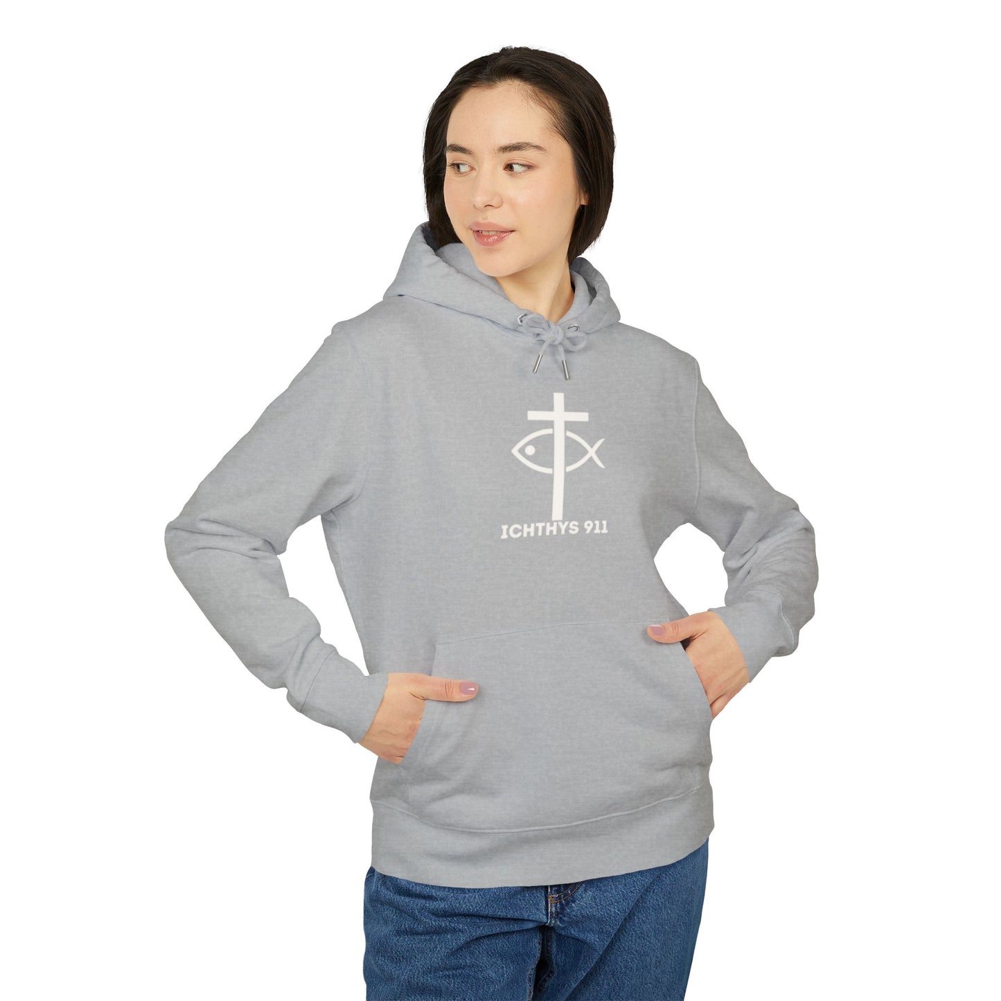 ICHTHYS 911 Hoodie – Unisex Pullover -White Font - Black Font on White - Heavy Fabric - ICHTHYS 911 Logo on Front & Back - 100% Organic