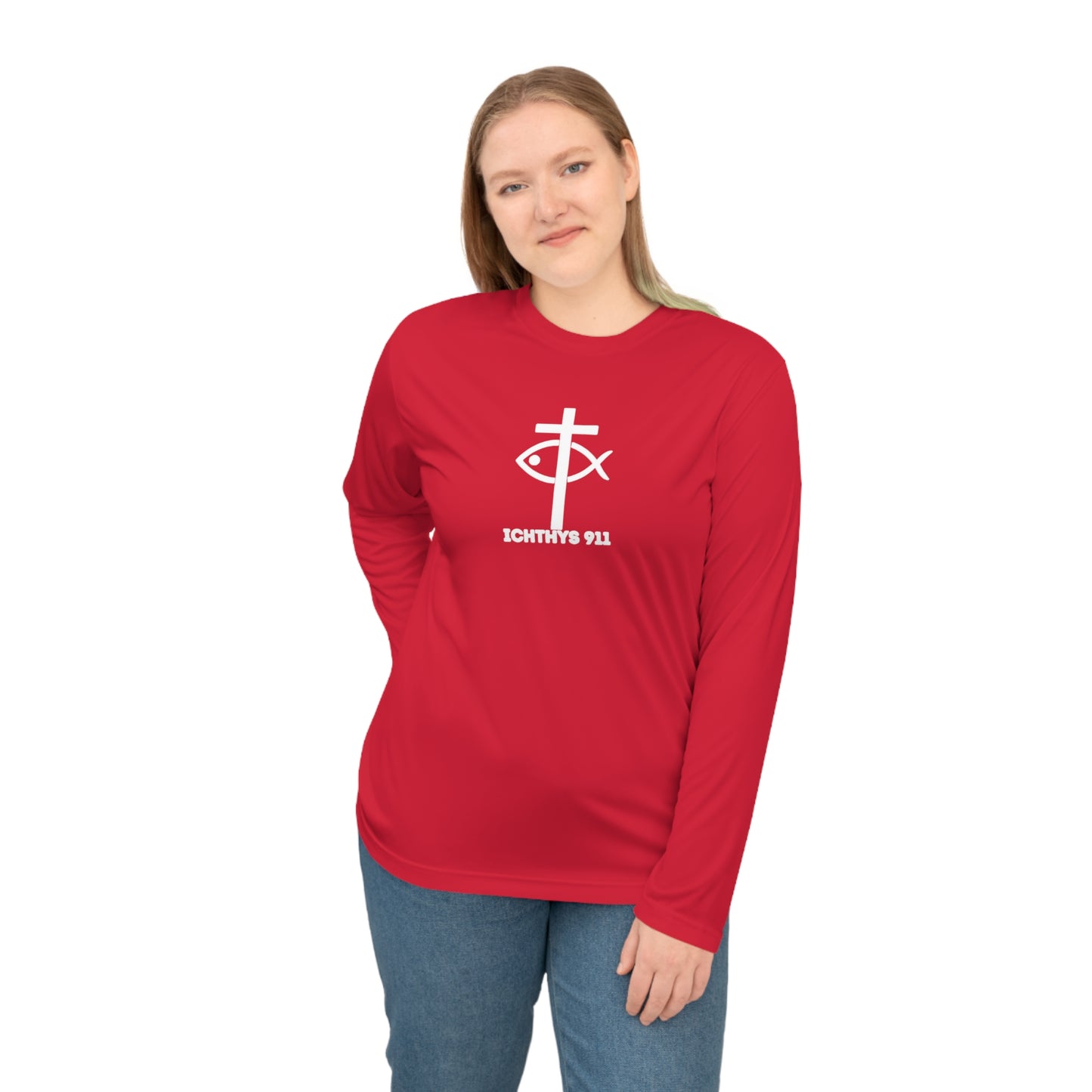 ICHTHYS 911 "Faith & Strength" White Font - Unisex Performance Long Sleeve Shirt - Christian Activewear - Men - Women -100% Moisture-Wicking Poly