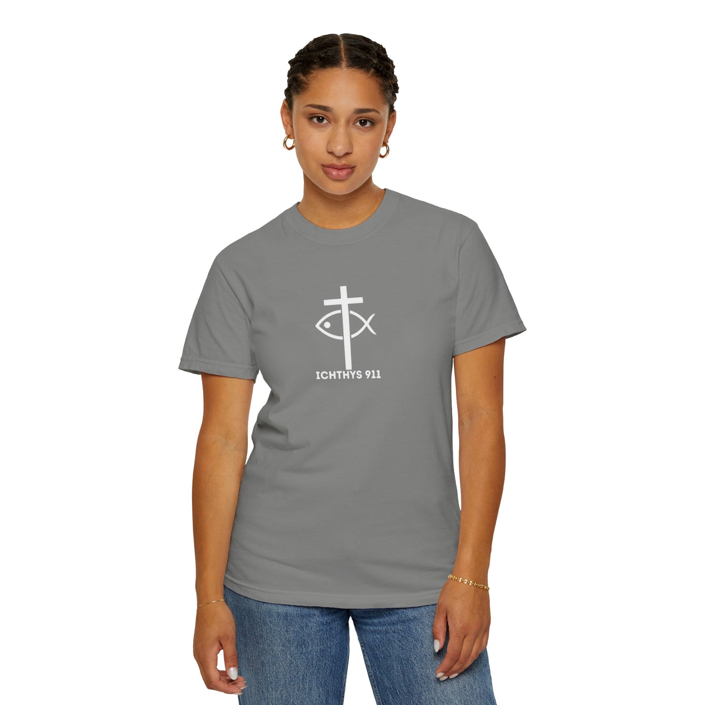 ICHTHYS 911 - 13th Disciple Collection - Christian Streetwear T-Shirt / Sweatshirt – Jesus Gym & Faith Fashion, Unisex Garment-Dyed T-Shirt White Font
