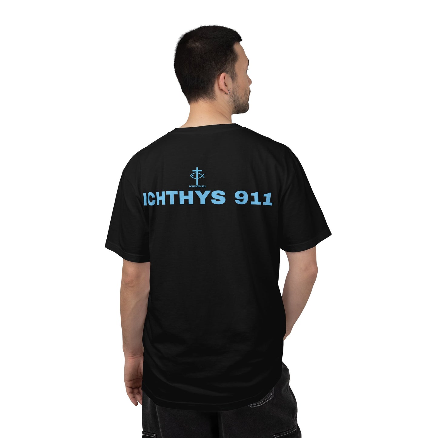 Authentic - Christian Streetwear T-Shirt – Jesus Gym & Faith Fashion, Unisex Garment-Dyed T-Shirt Blue Font - ICHTHYS 911