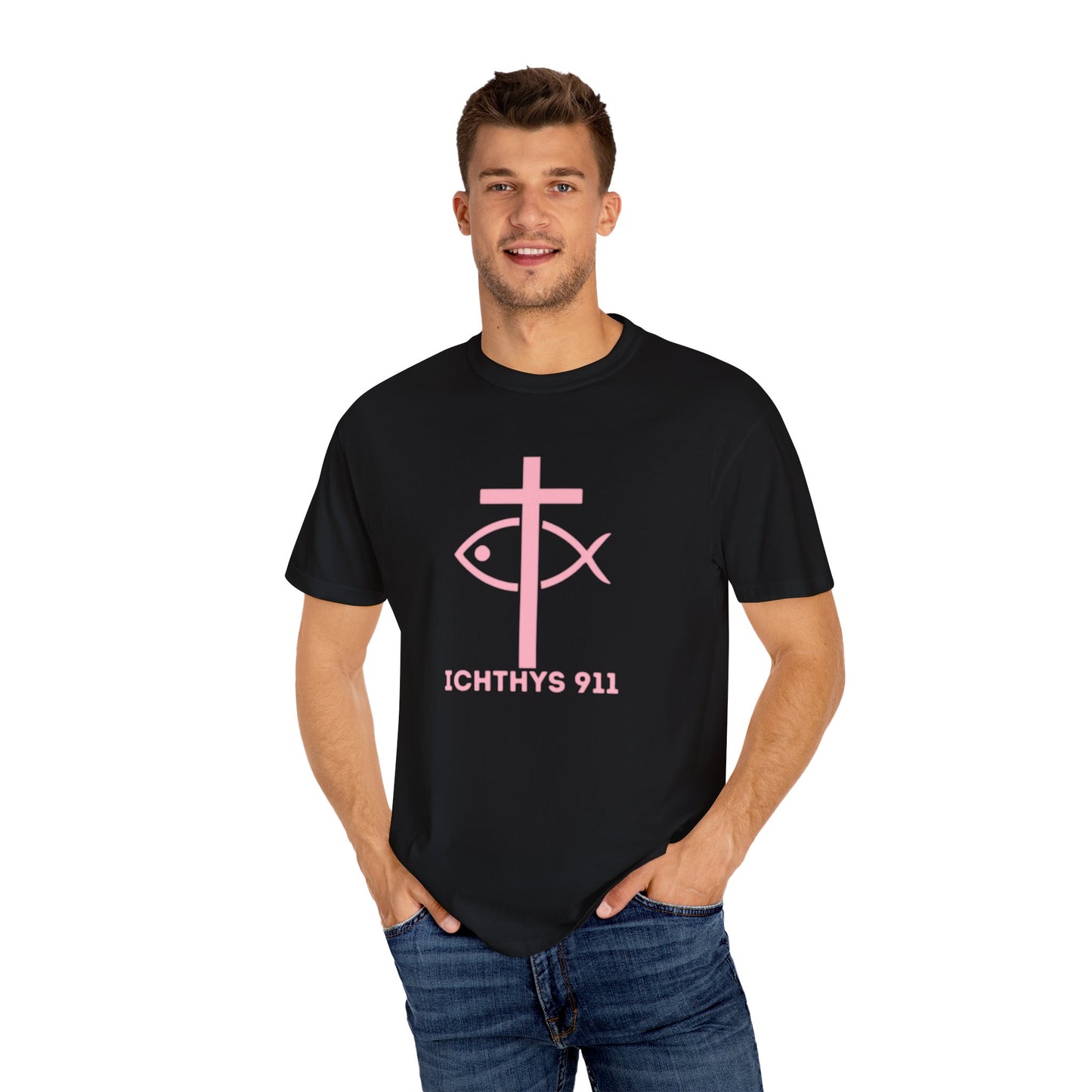 ICHTHYS 911 - Authentic - W/O IC 911 on Back -Christian Streetwear T-Shirt – Jesus Gym & Faith Fashion, Unisex Garment-Dyed T-Shirt Soft Pink Font