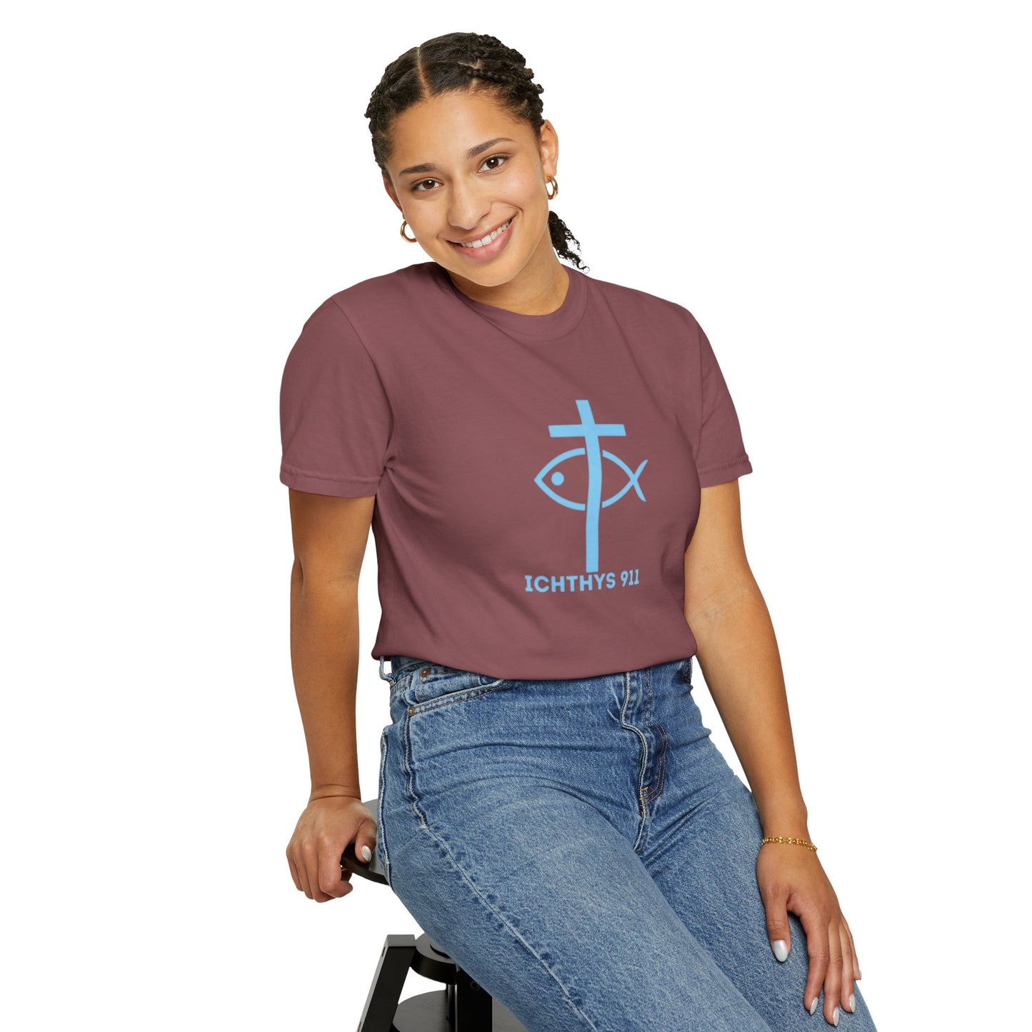 ICHTHYS 911 "Strength Through Christ Philippians 4:13" - Blue Font - Unisex Garment Dyed T- Shirt - 100% US Cotton -Men T-Shirt - Women T-Shirt- Christian Activewear - Wear Your Faith